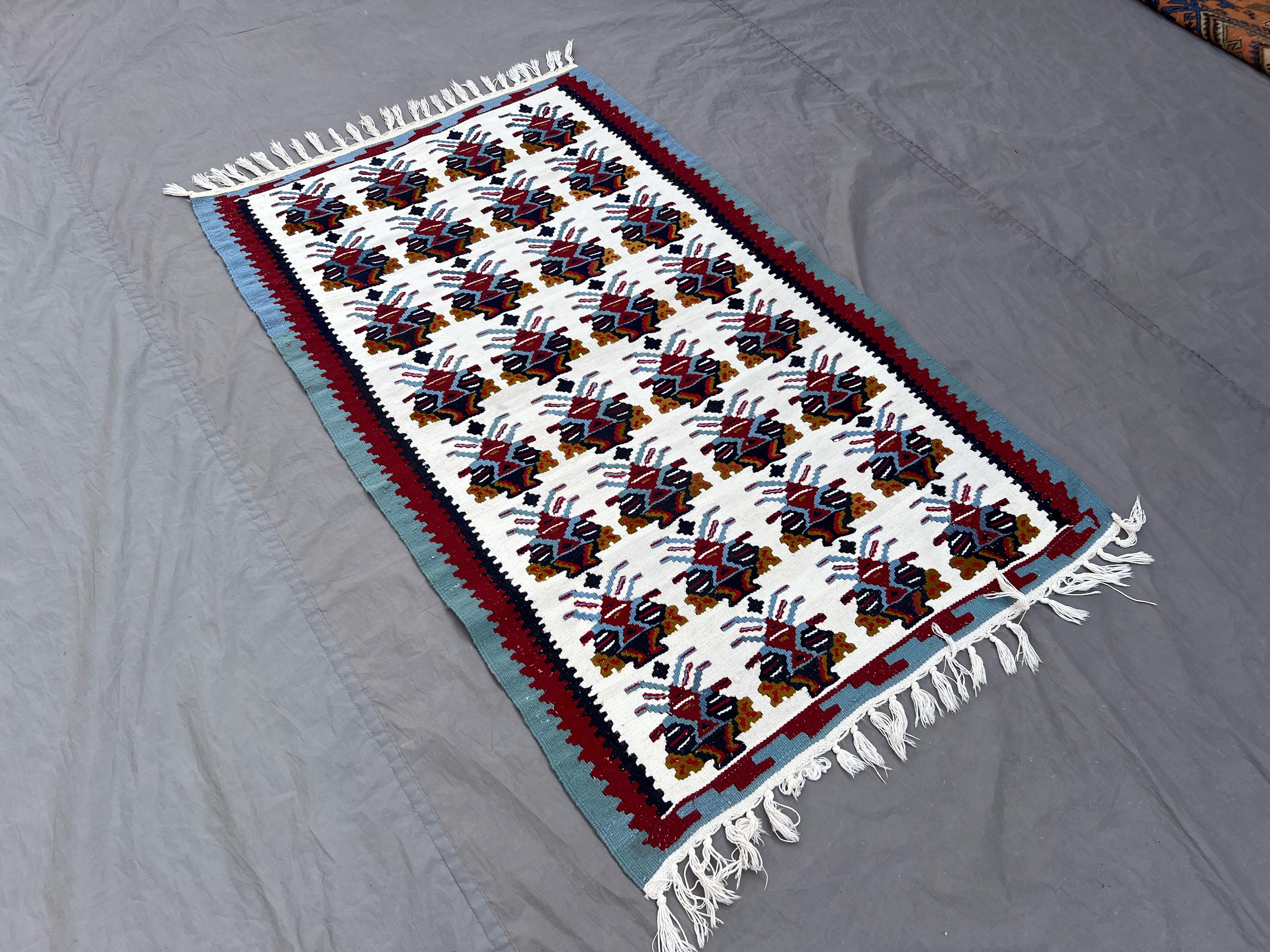 3 x 4'7 ft Caucasian Flat Weave Kilim Rug, Vintage Handwoven Wool Carpet, White Red Blue Tribal Geometric Patt