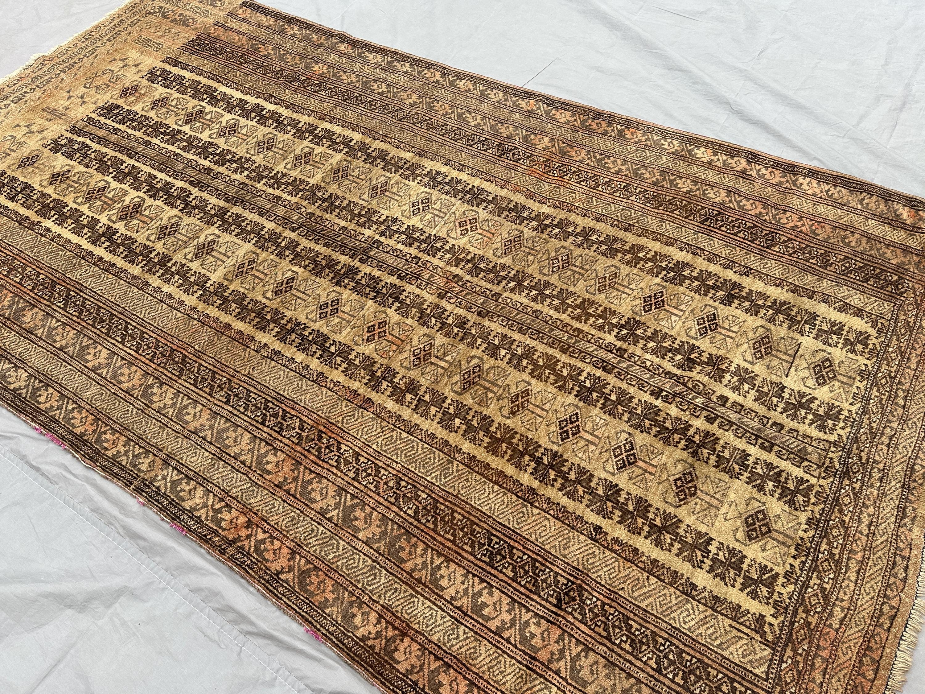 5'4x9'8 ft Antique 1920s Hand Knotted Baluchi Rug, Tribal Wool Terracotta Faded Rug, No Pile Distressed Area R