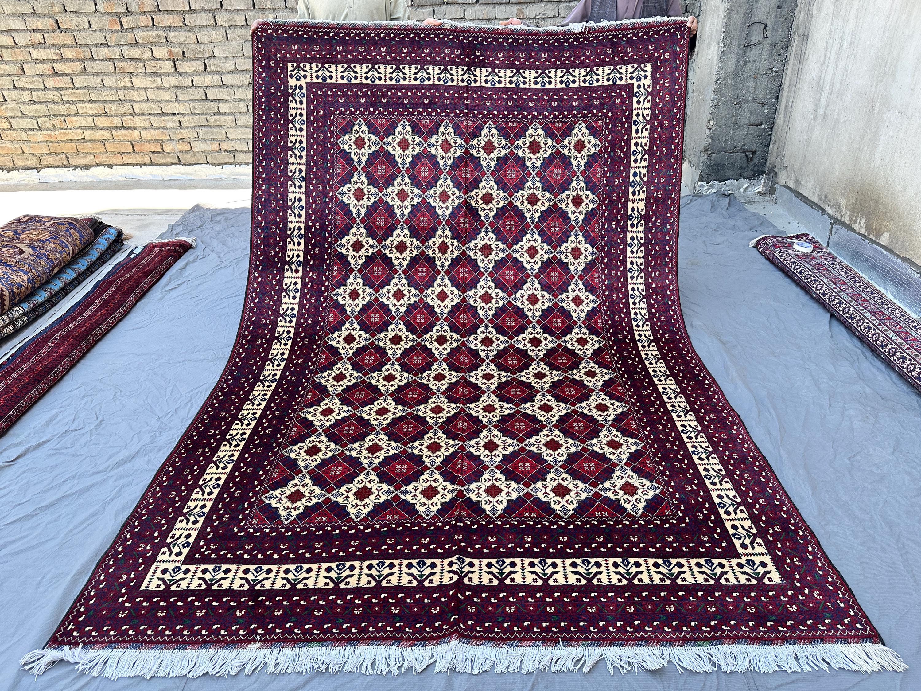 Burgundy & Ivory Afghan Baluchi Rug 9x6, Hand-Knotted Wool Carpet, Star Diamond Lattice Design, Vintage Living