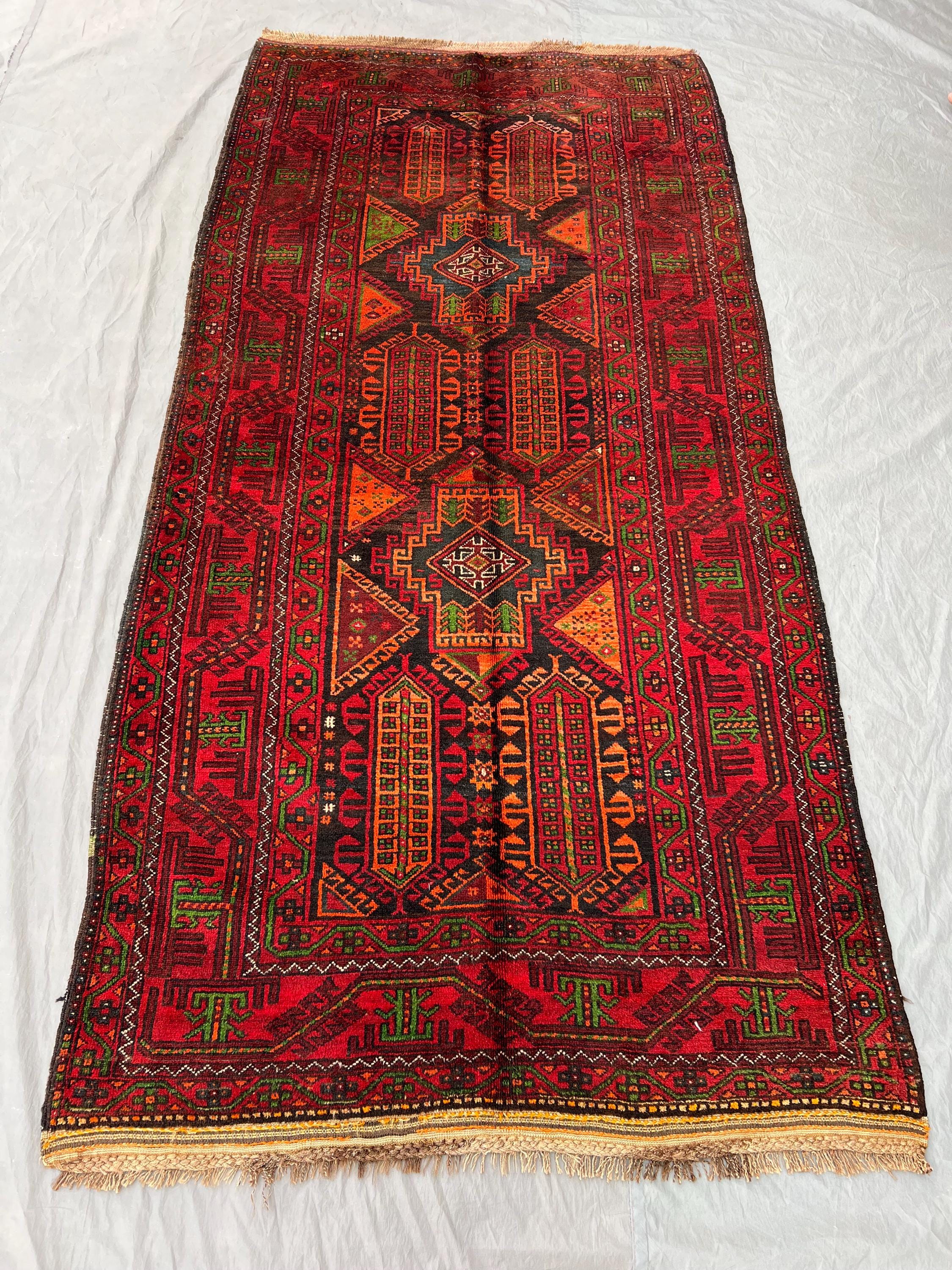 Vintage Afghan Hand-Knotted Baluchi Rug, Rare Design, 4'1" x 8'4", Red, Orange & Green, Fine Wool, Geometric Pattern, Oriental Decor Rug