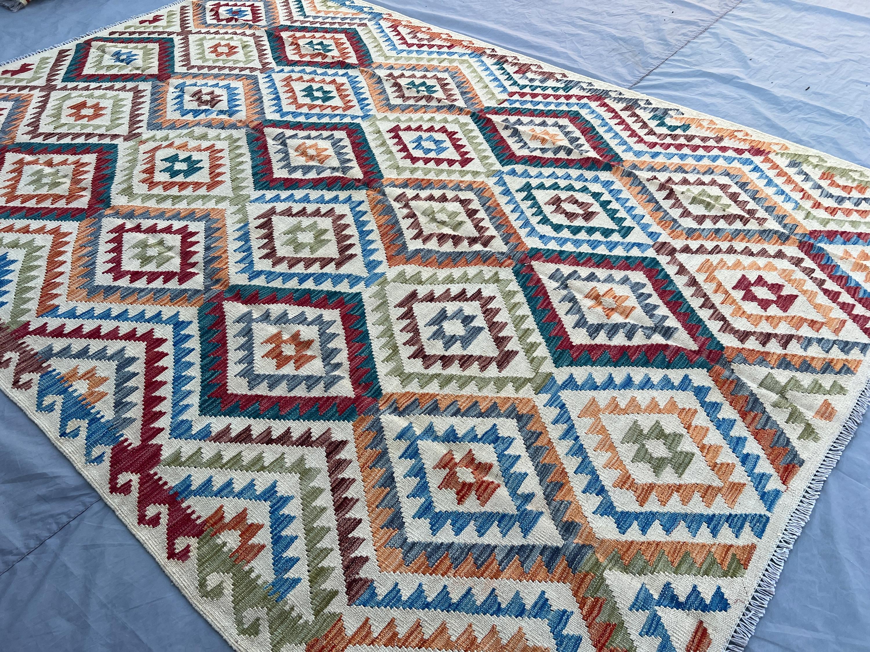 7x10 Colorful Kilim Rug | Afghan Handmade Flat Weave | Geometric Navajo Style | Boho Wool Area Rug | Ethnic Tr