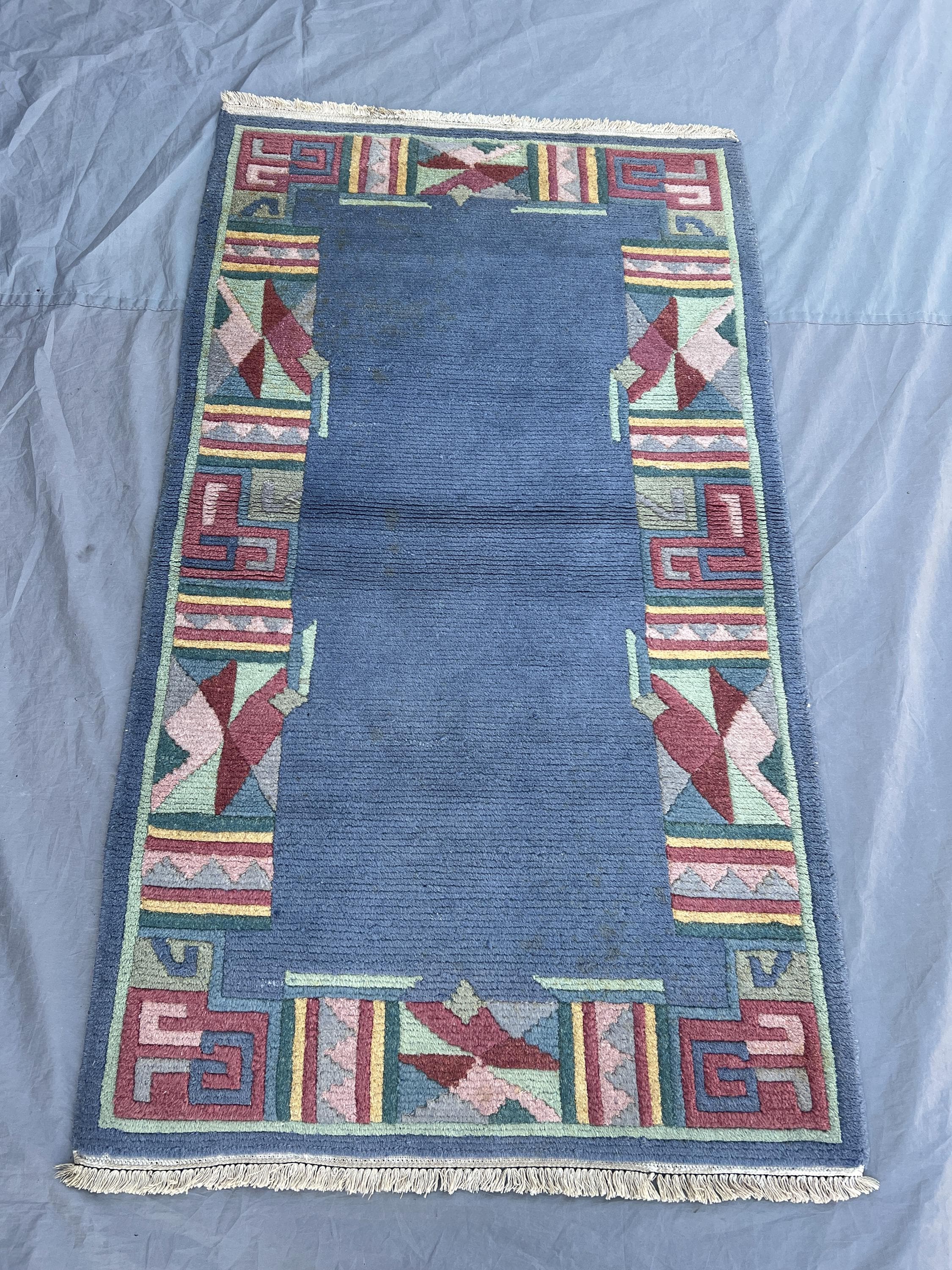 3x5 Vintage Afghan Hand Knotted Pile Rug | Steel Blue Open Field Geometric Border Wool Area Rug | Boho Living Room, Bedroom, Entryway Accent