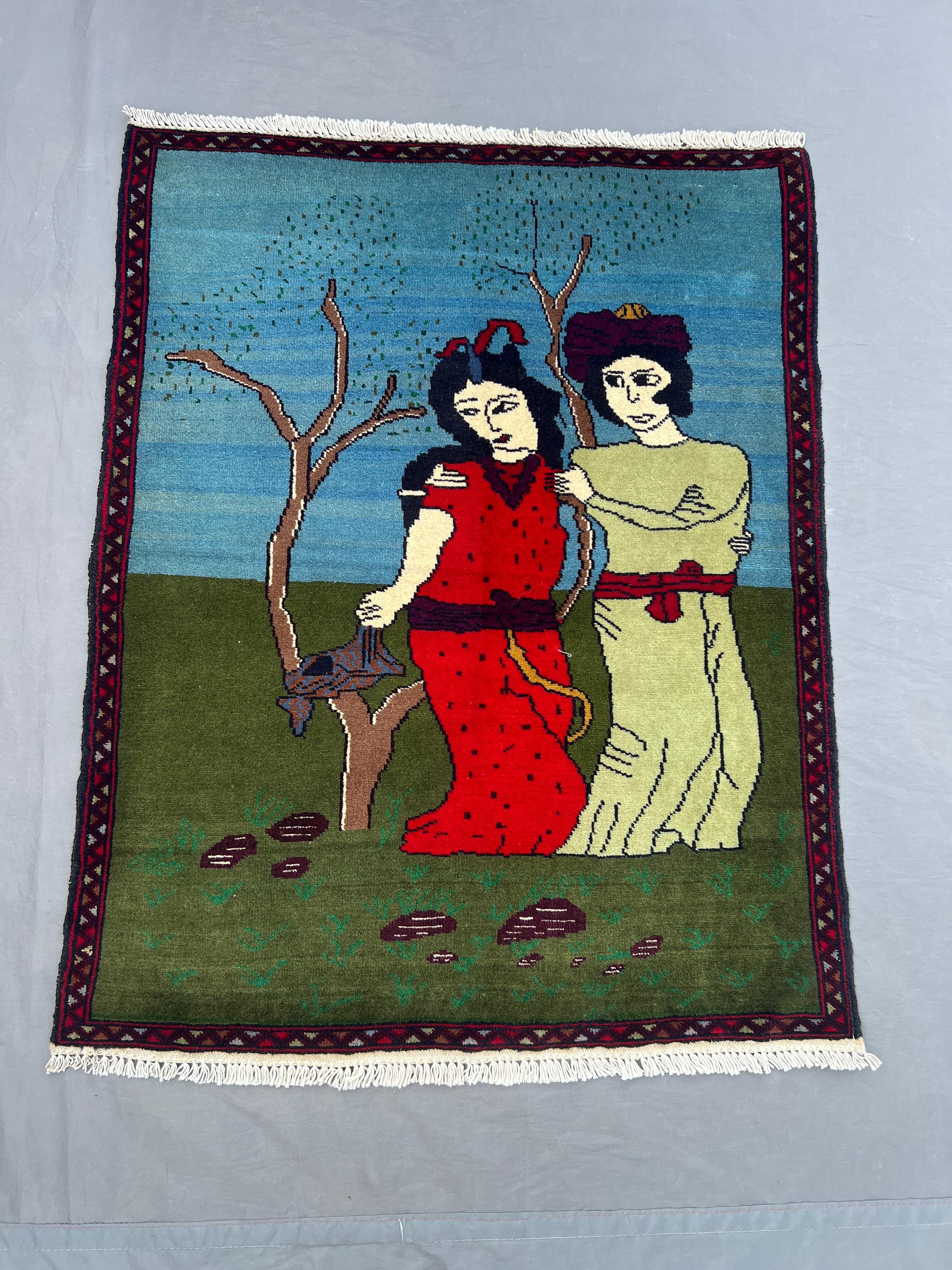 2.3 x 2.10 ft Afghan Baluchi Pictorial Rug, Hand Knotted Wool rug with Layla Majnun Design, Rare One of a Kind Artwork | living room decor