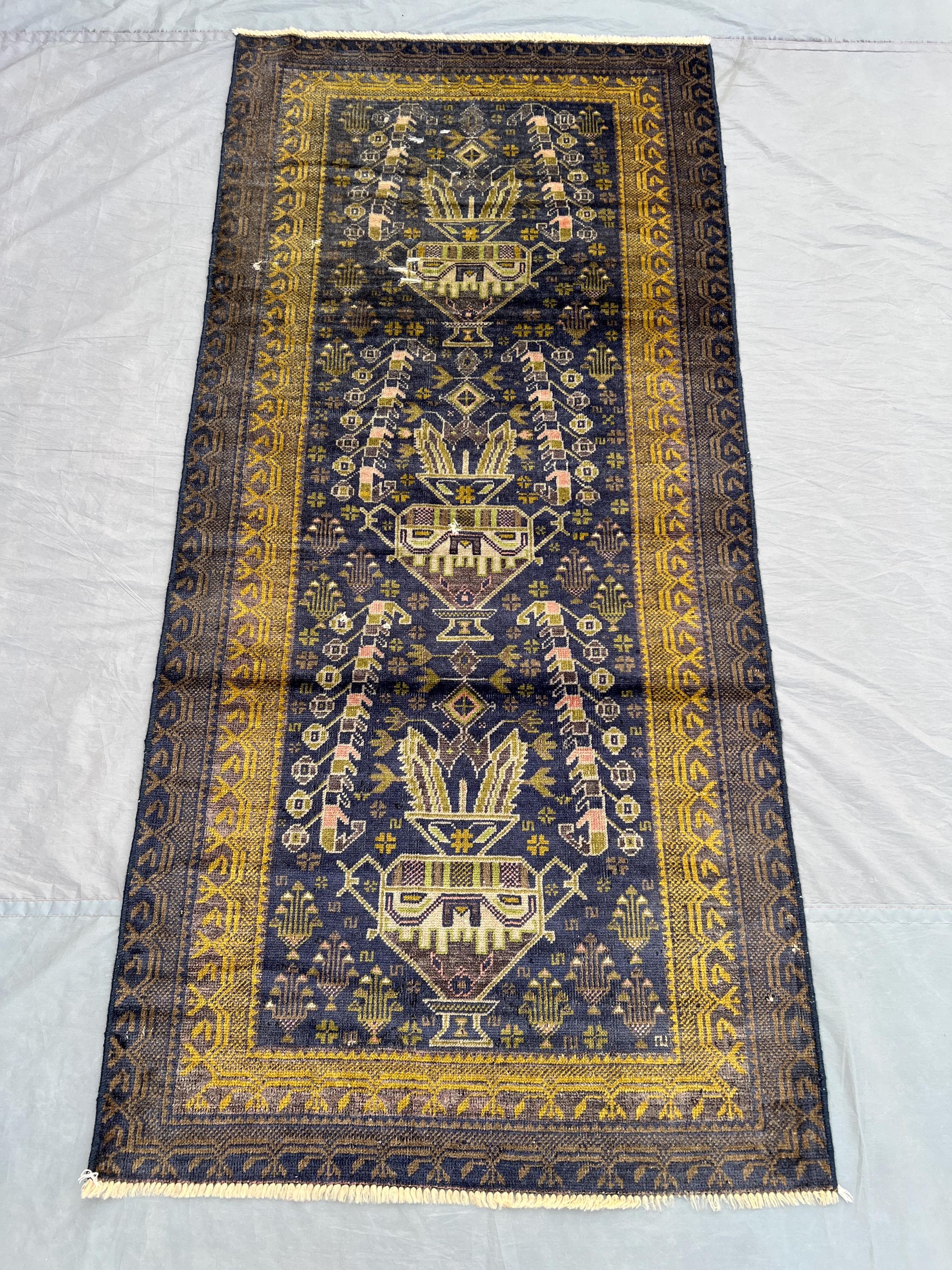 Antique Afghan Baluch Rug 2'8 x 5'9 ft, Floral Pot Pictorial Wool Carpet | Hand Knotted Nomadic Rug | Navy Yellow Tribal Decor | Vintage Rug