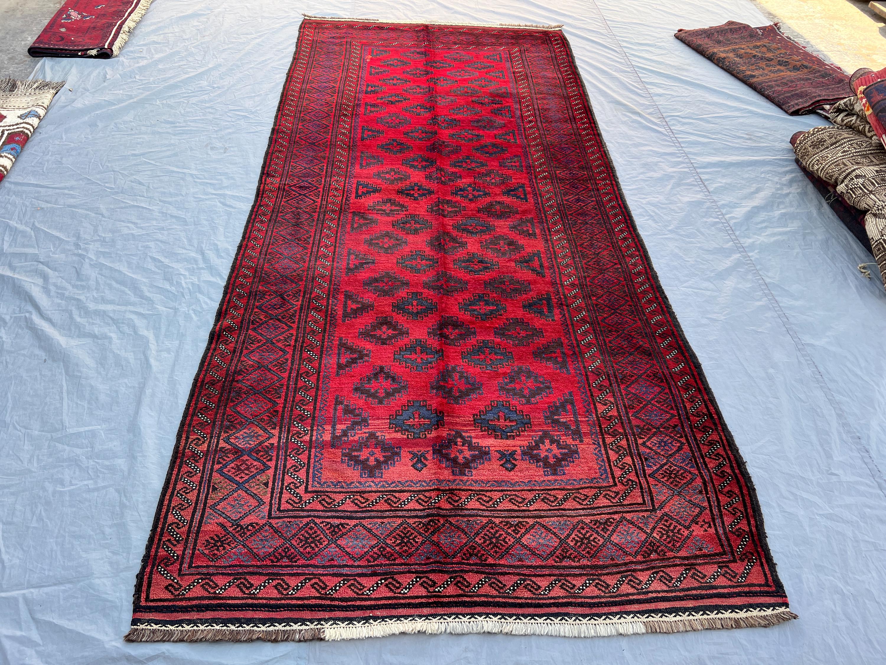 4'9x10'10 ft Vintage Afghan Hand-Knotted Rug – Red Geometric & Tribal Design, Handmade, Boho Home Decor, Cozy Living Room or Hallway