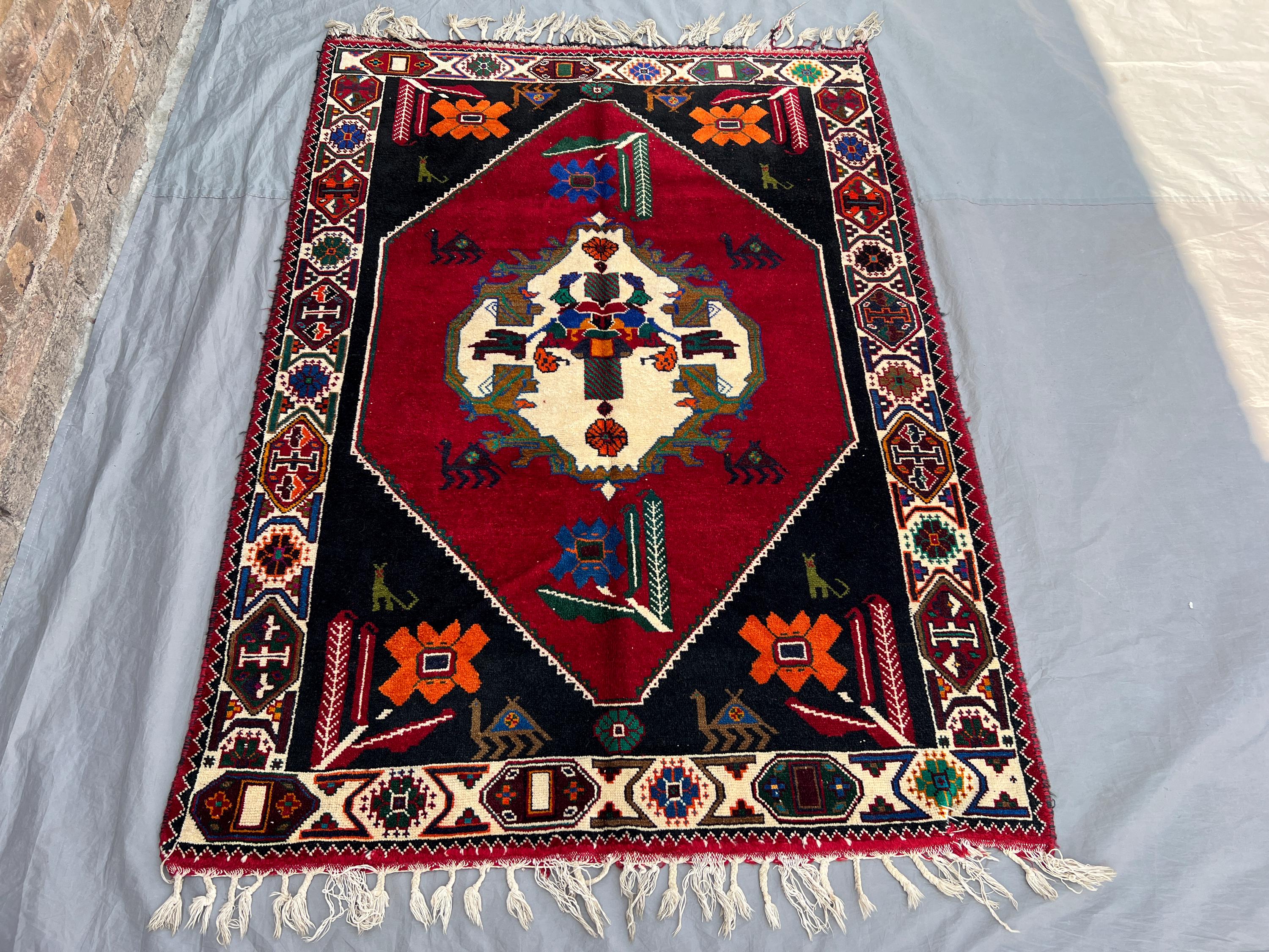 4'2x5'10 Antique Afghan Hand-Knotted Rug, Traditional Design with Rich Colors, Floral & Geometric Motifs Vintage Boho Home Decor Living Room