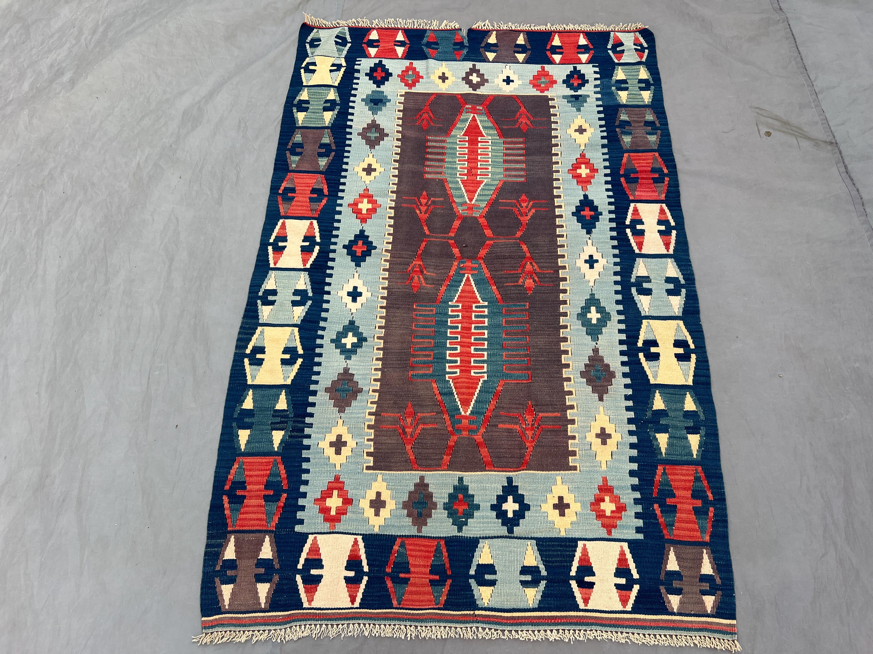 Afghan handwoven modern kilim 4 x 6 ft vintage flat weave one-of-a-kind small area tribal decor carpet maimana geometric design