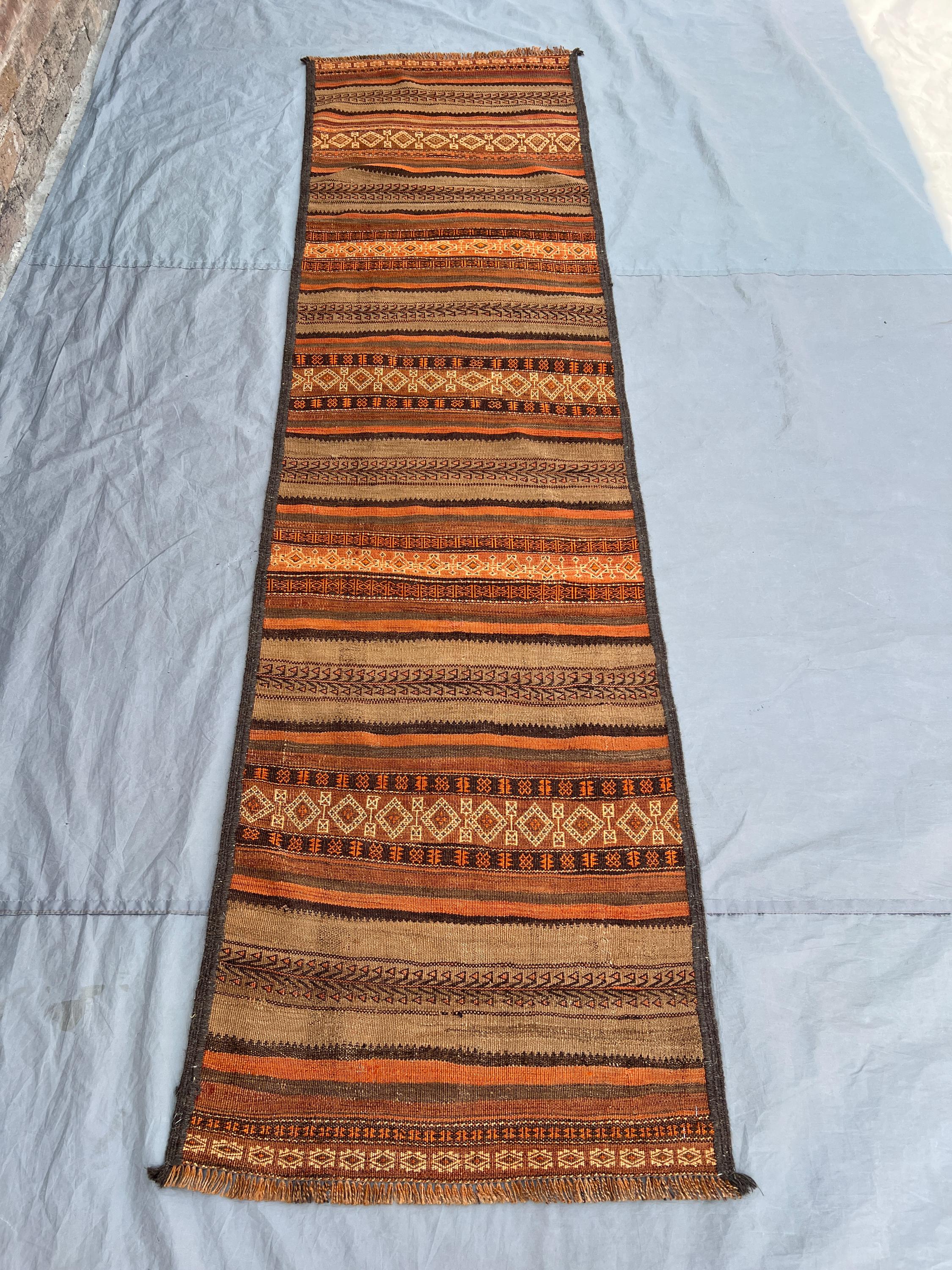 2'4x8'8 Vintage Afghan Kilim Rug - Handwoven Flatweave, Earth Tones with Geometric Design - Long Narrow Runner