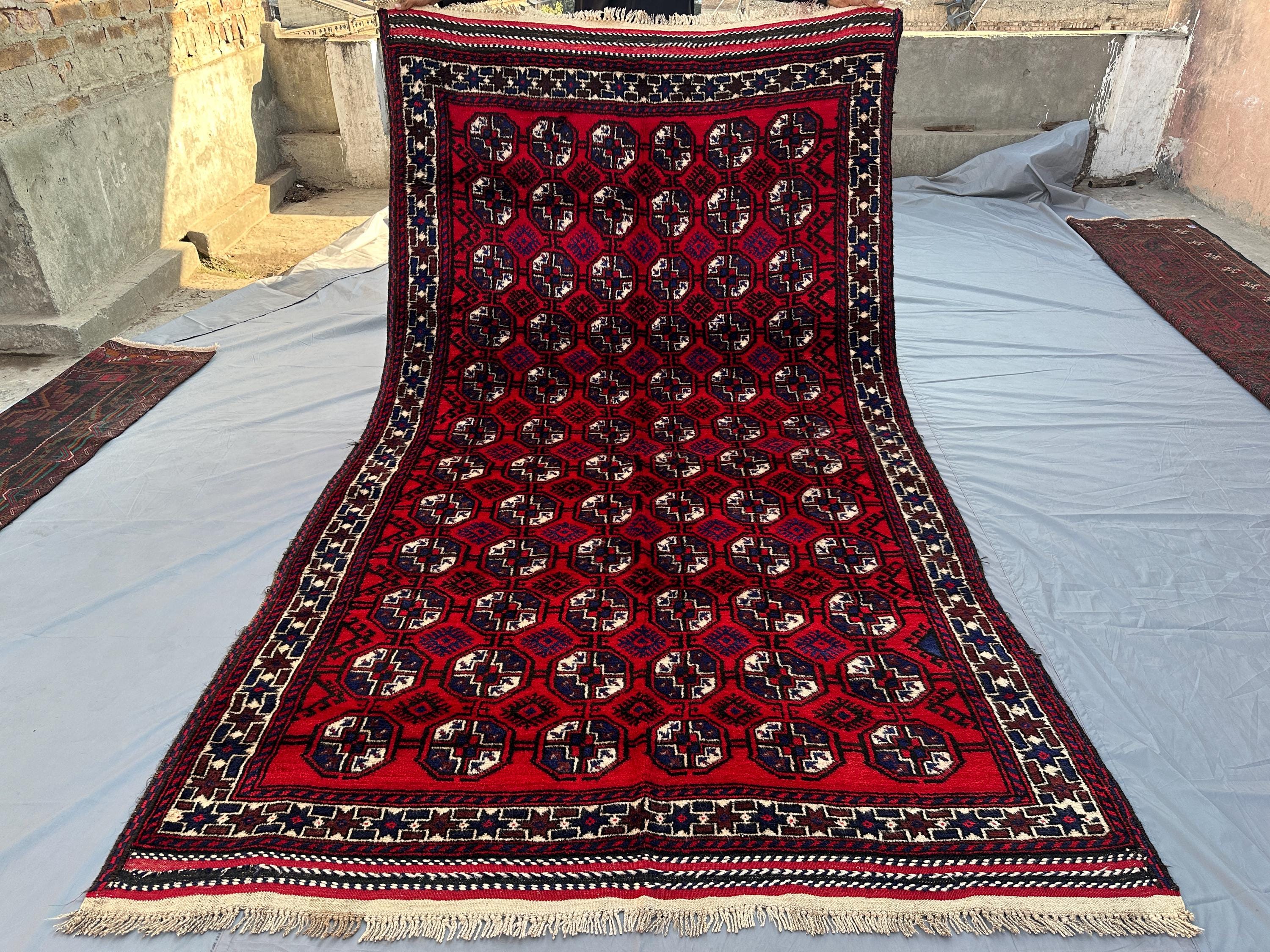5.6x9.8 ft Antique Afghan Baluch Rug - Hand-Knotted Tribal Wool Rug - Vintage Geometric Carpet for Living Room or Bohemian Décor turkmen Rug