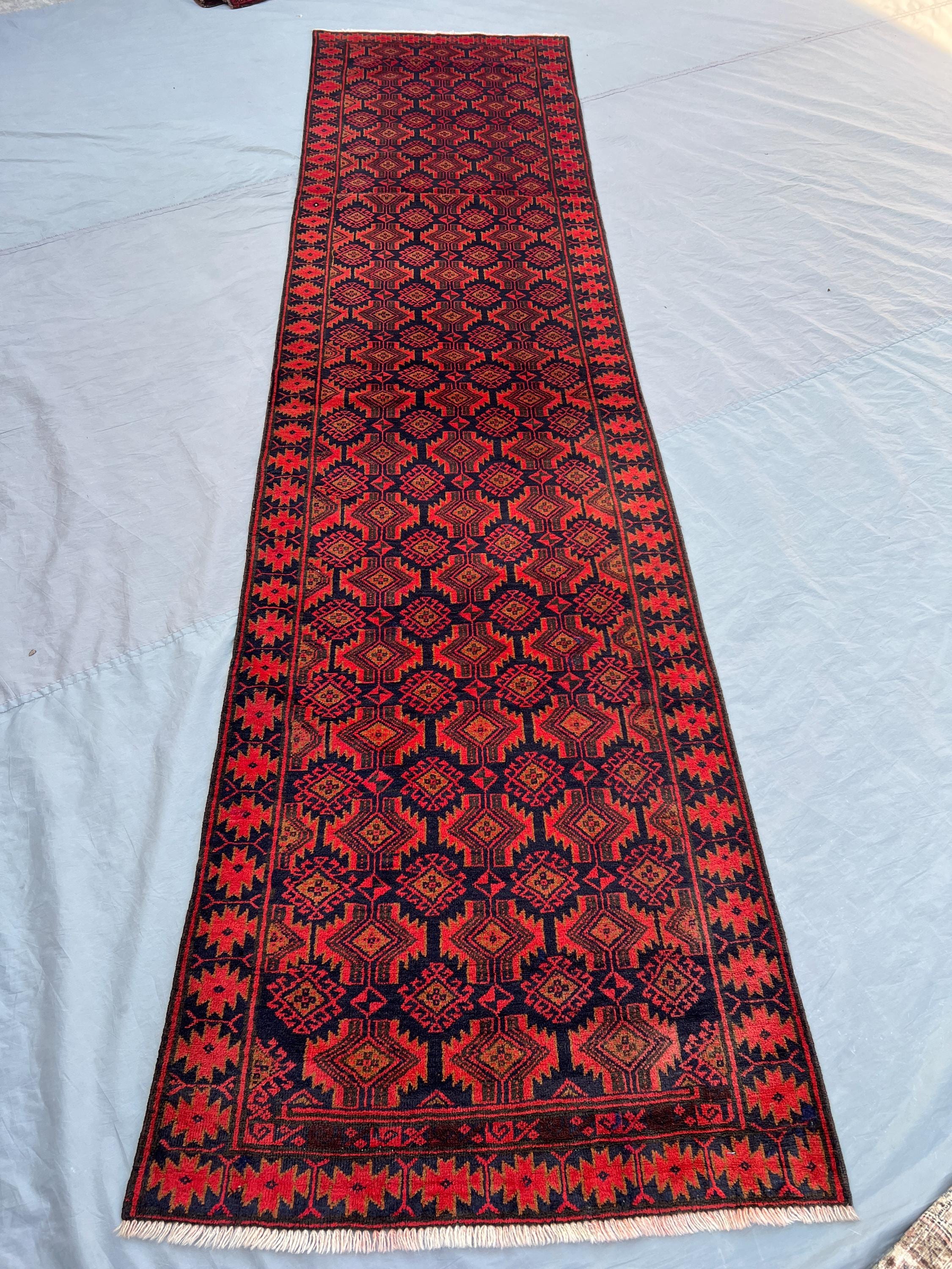 3x12 Vintage Afghan Hand-Knotted Red Turkoman Ersari Runner | Soft Wool Pile Tribal Geometric Design | Boho Ha