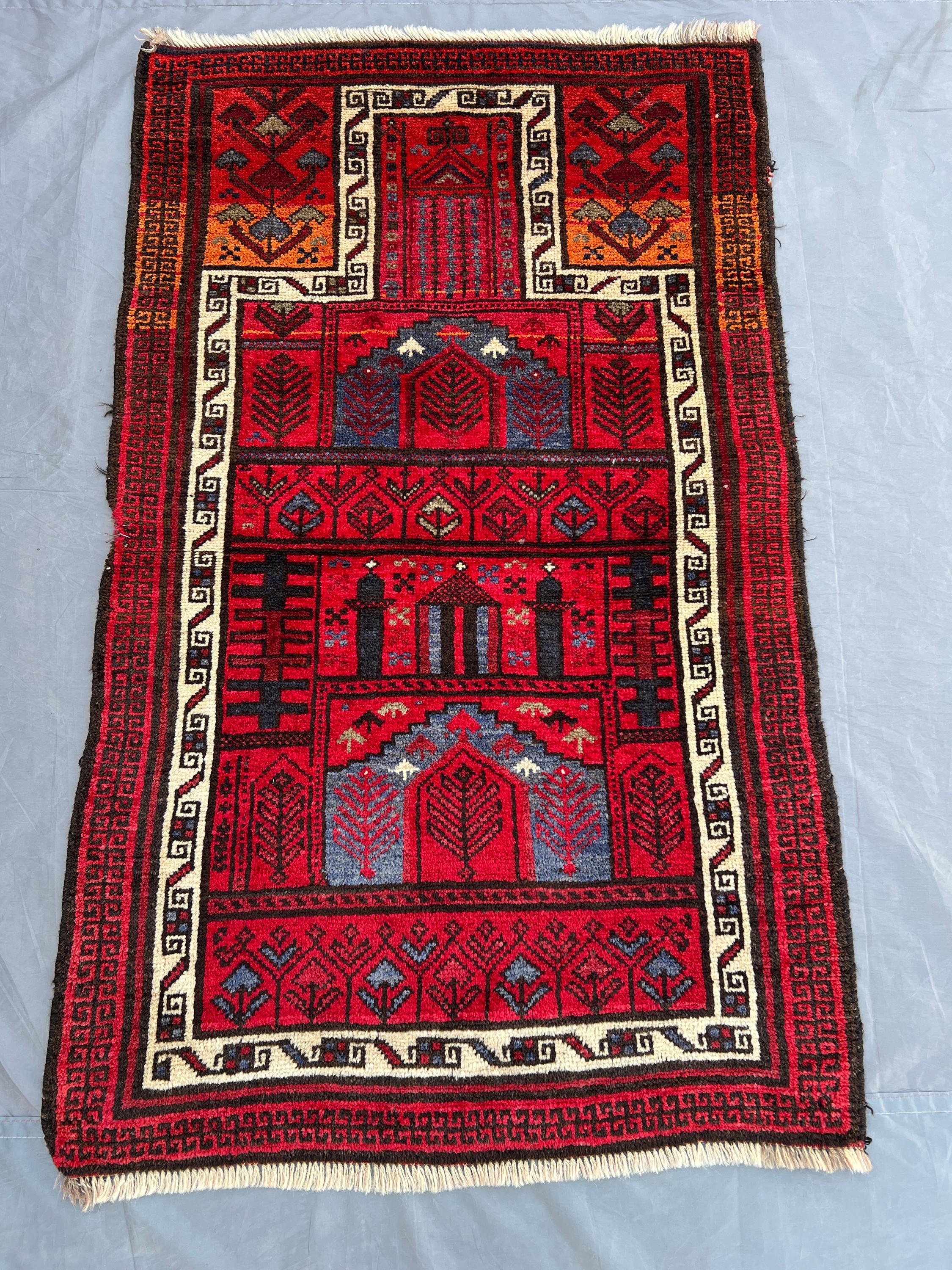3x5 Antique Baluch Prayer Rug | Afghan Hand-Knotted Wool Carpet | Tribal Islamic Design | Red Blue Mihrab Rug | Vintage Home Decor