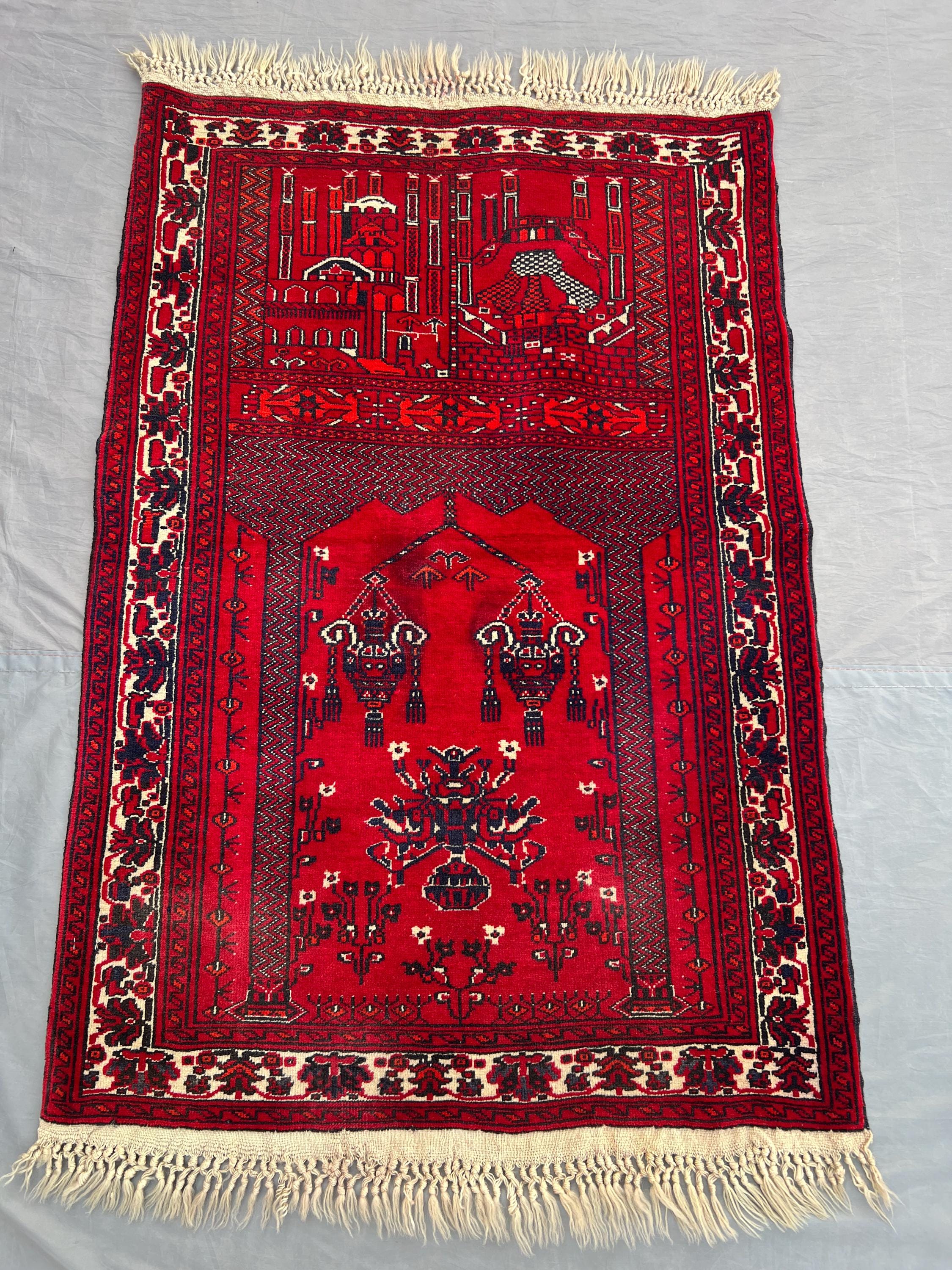 Turkmen Prayer Rug 2'4x3'6 Ft | Hand Knotted Wool Mat | Red Tribal Islamic Design | Vintage Afghan Small Carpe