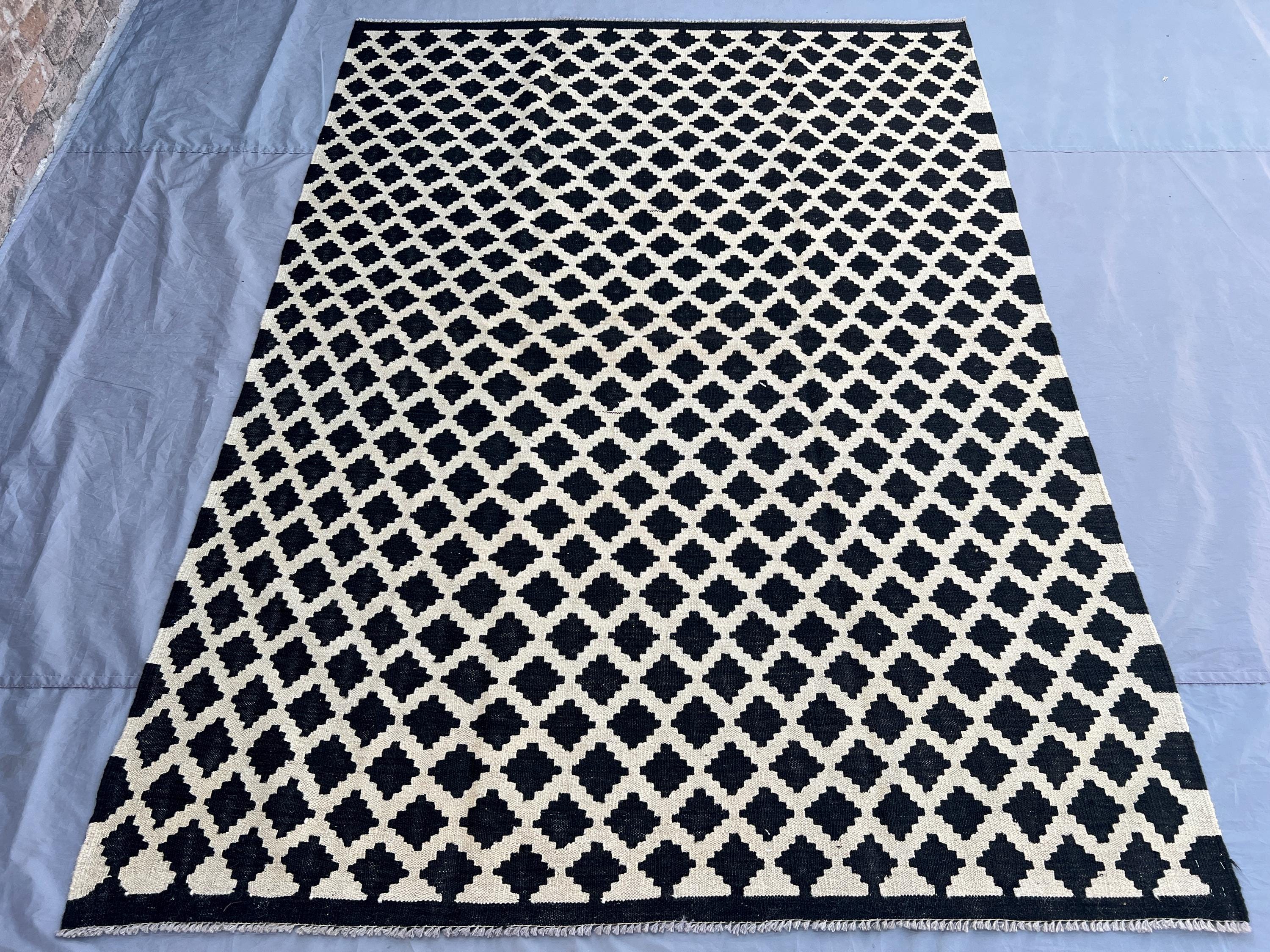 Afghan Kilim Rug 5'10x8 ft | Black Ivory Flatweave Wool Rug | Handmade Modern Tribal Carpet | Boho Minimalist Area Rug | Geometric Decor
