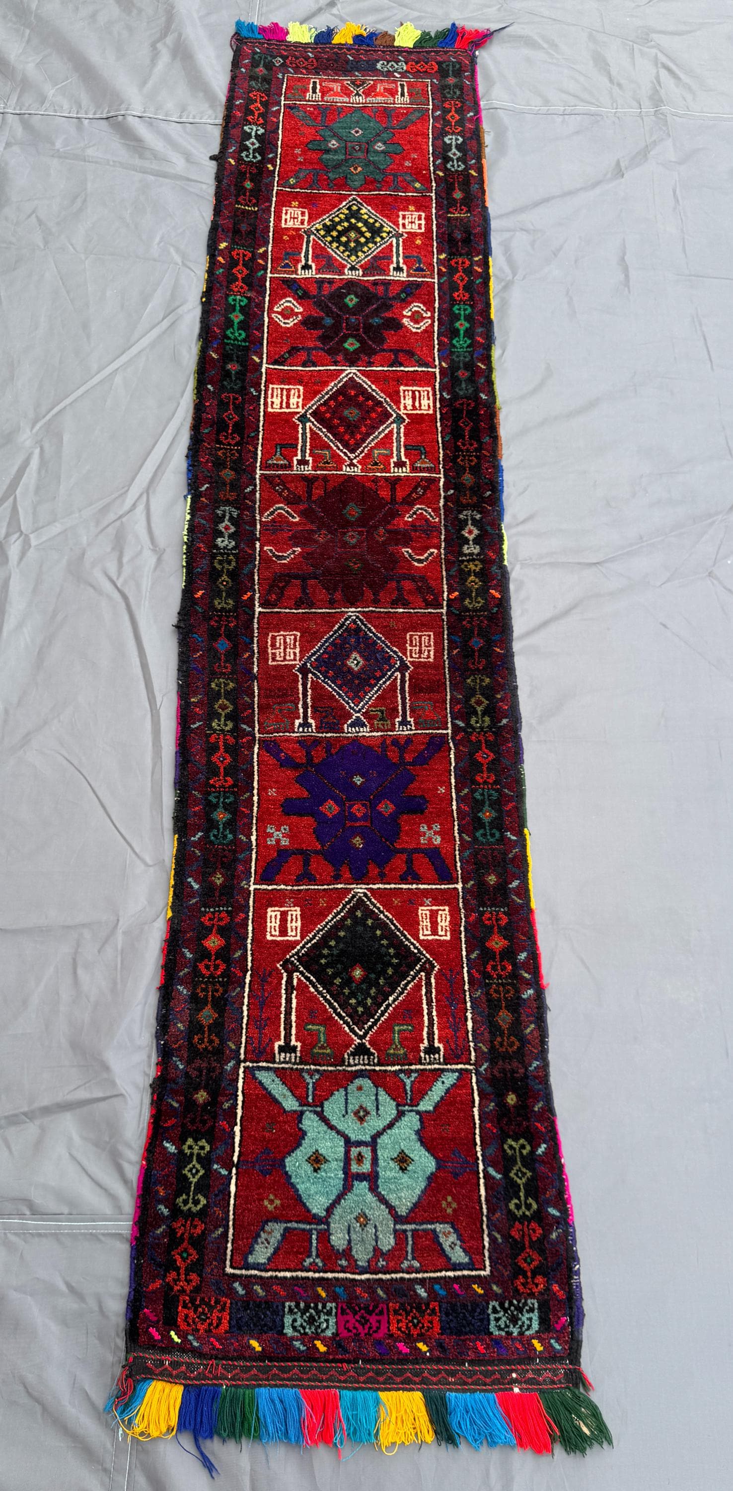 2x7 Afghan Hand-Knotted Vintage Runner Balochi Tribal Design Multicolor Geometric Soft Wool One-of-a-Kind Hall