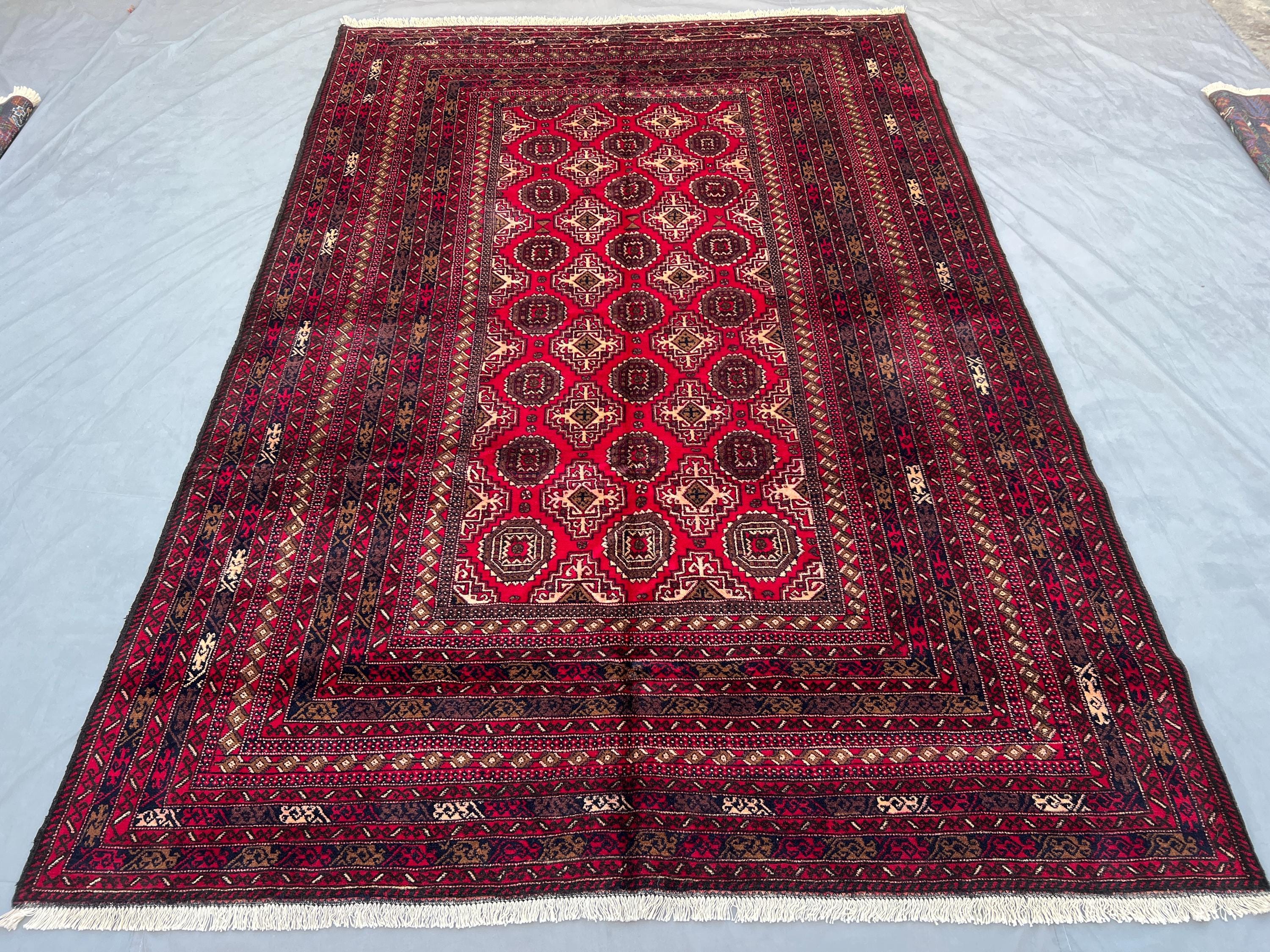 Vintage Afghan Baluch Tribal Rug, 7x10 One of a Kind, Gorgeous Turkmen Red Rug, Collector's Piece, Handwoven W