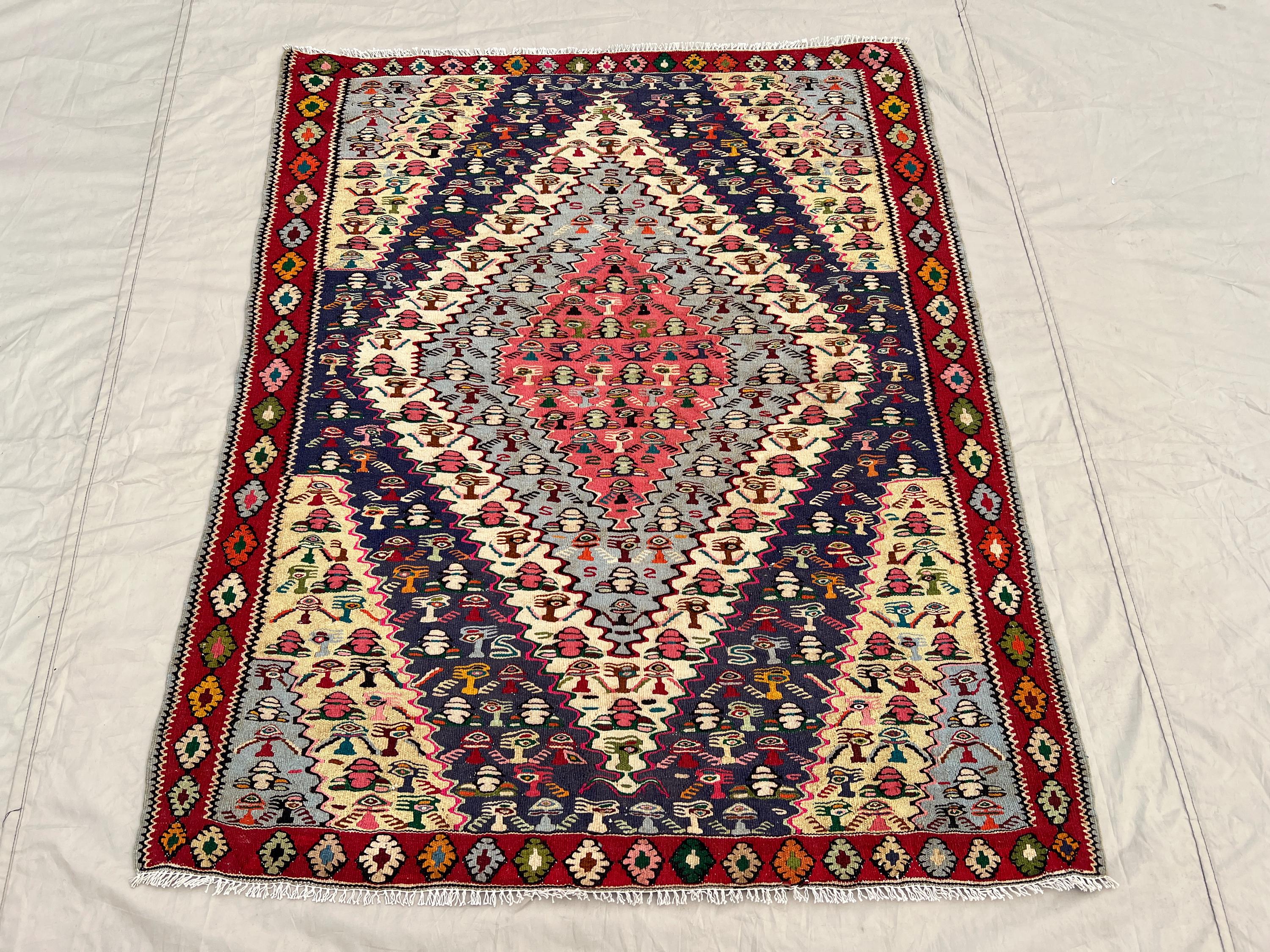 3'10x4'8 Ft Antique Handmade Afghan Flatweave Kilim Rug – Bold Red, Black & Multicolor Geometric Patterns, Woo
