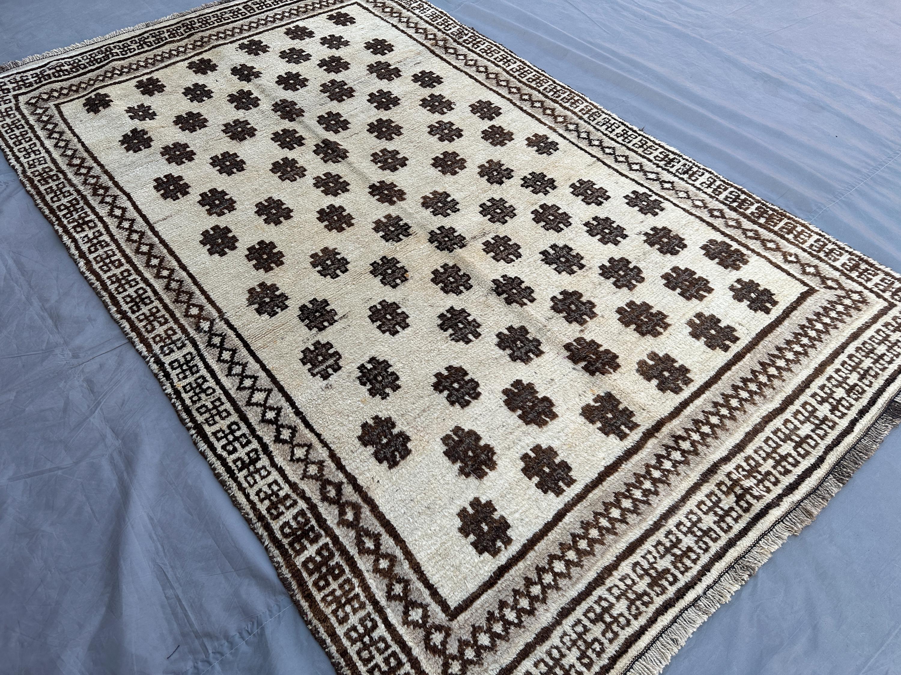 Vintage Afghan Baluch Rug 5x8 Handmade Wool Tribal Carpet | Cream and Brown Geometric Design | Unique Area Rug for Home Decor, Bedroom Rug