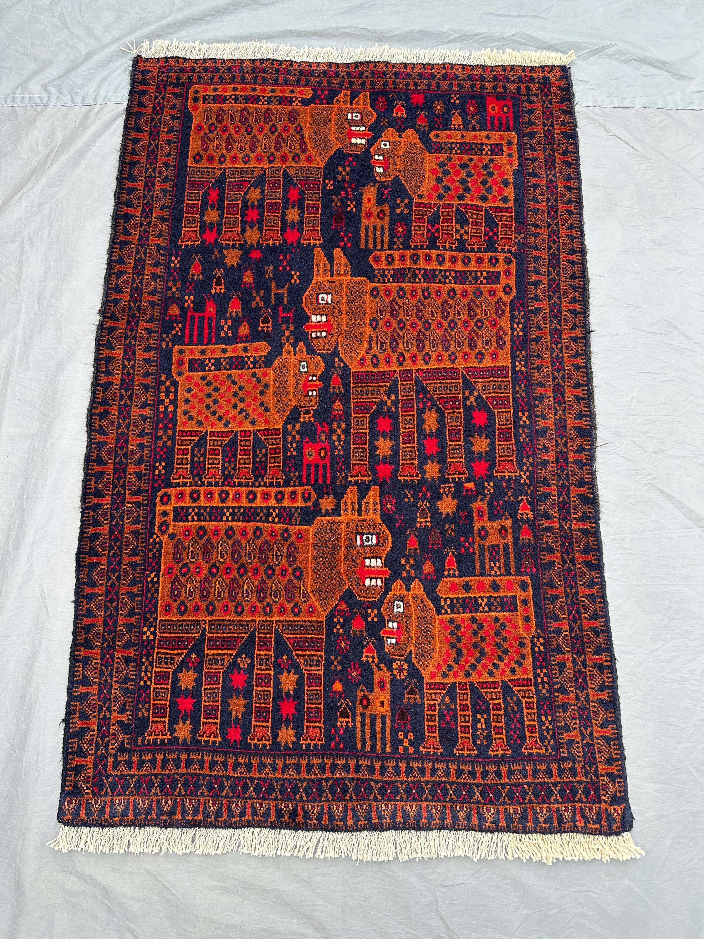 3x5 Afghan Tribal Pictorial Rug | Hand Knotted Wool Carpet | Animal Lion Design, Geometric Style | Vintage Wool Area Rug, Boho Wall Decor