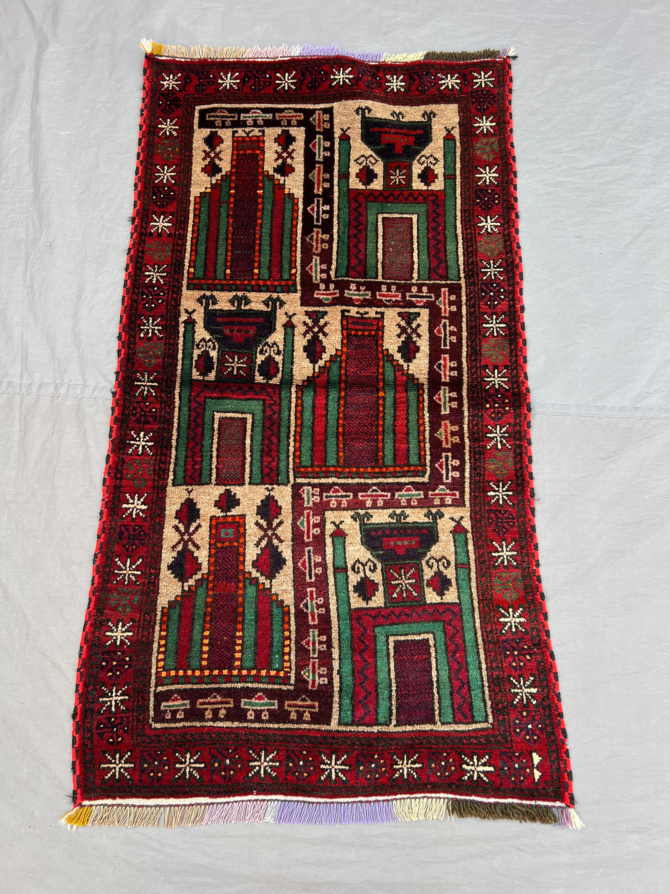 2'4x4'4 ft Vintage Afghan Pile Prayer Rug | Handknotted Tribal Multi-Niche Mihrab Panel | Ivory & Forest Green Wool Accent Rug Wall Hanging