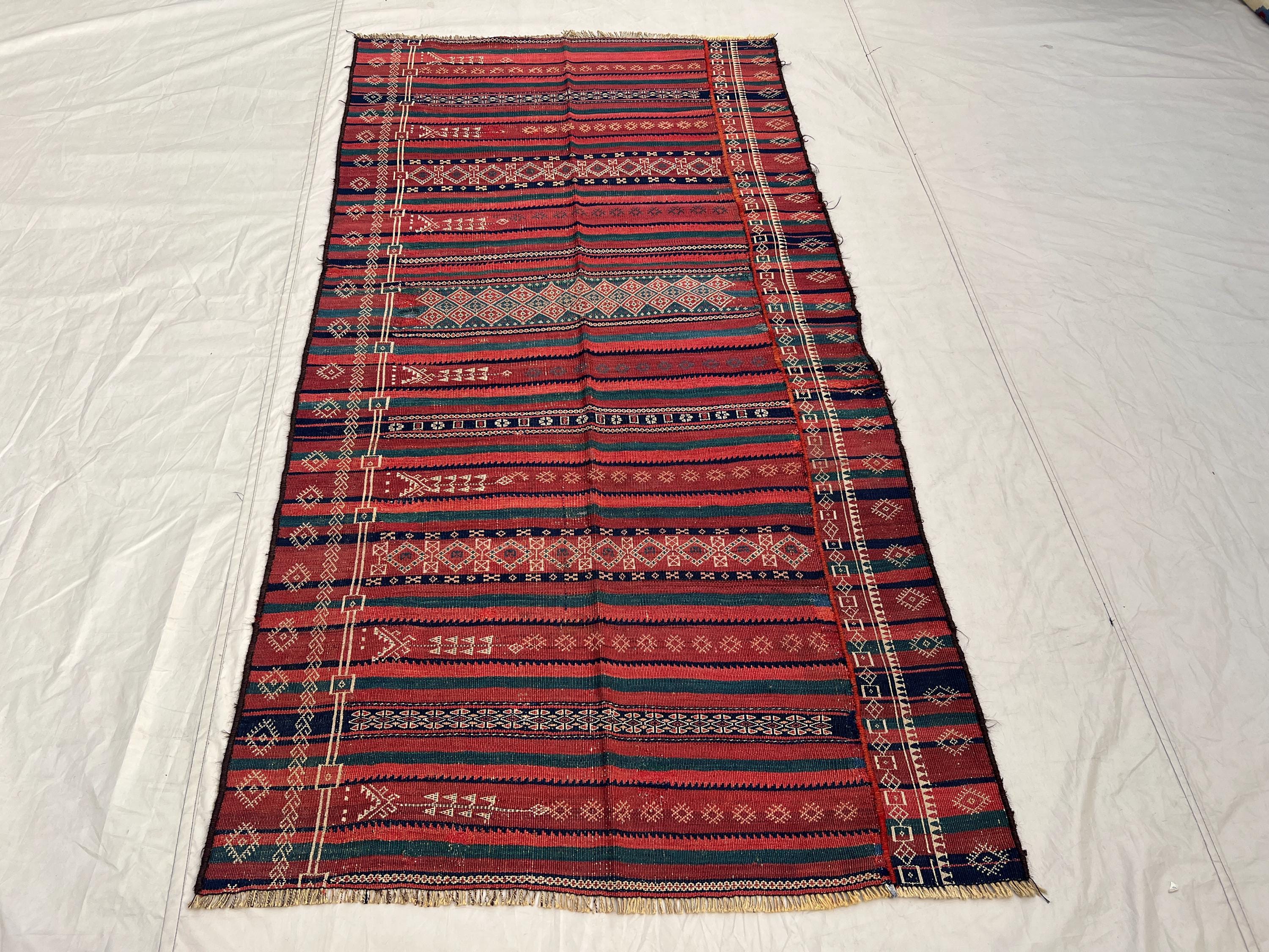 3'10x7x5 Ft Antique Afghan Tribal Kilim Handwoven Wool Flatweave Striped Geometric Diamond Deep Red Navy Green Area Rug Living Room Bedroom