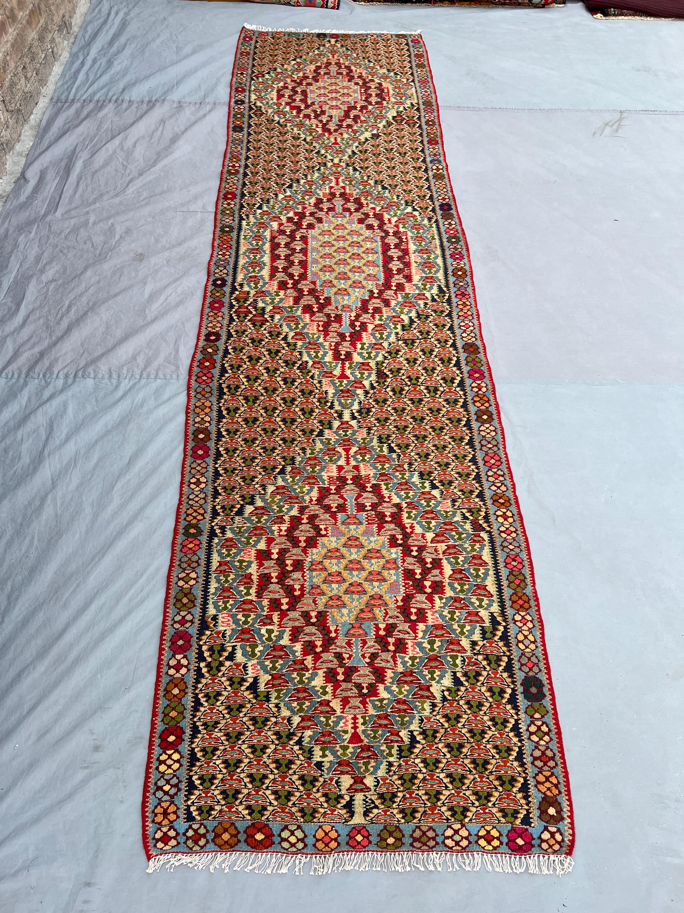 2'8x10'4 ft Vintage Afghan Kilim Runner, Handmade Flatweave Wool Rug, Long Hallway Runner Rug, Floral Medallion Carpet, Boho Home Decor