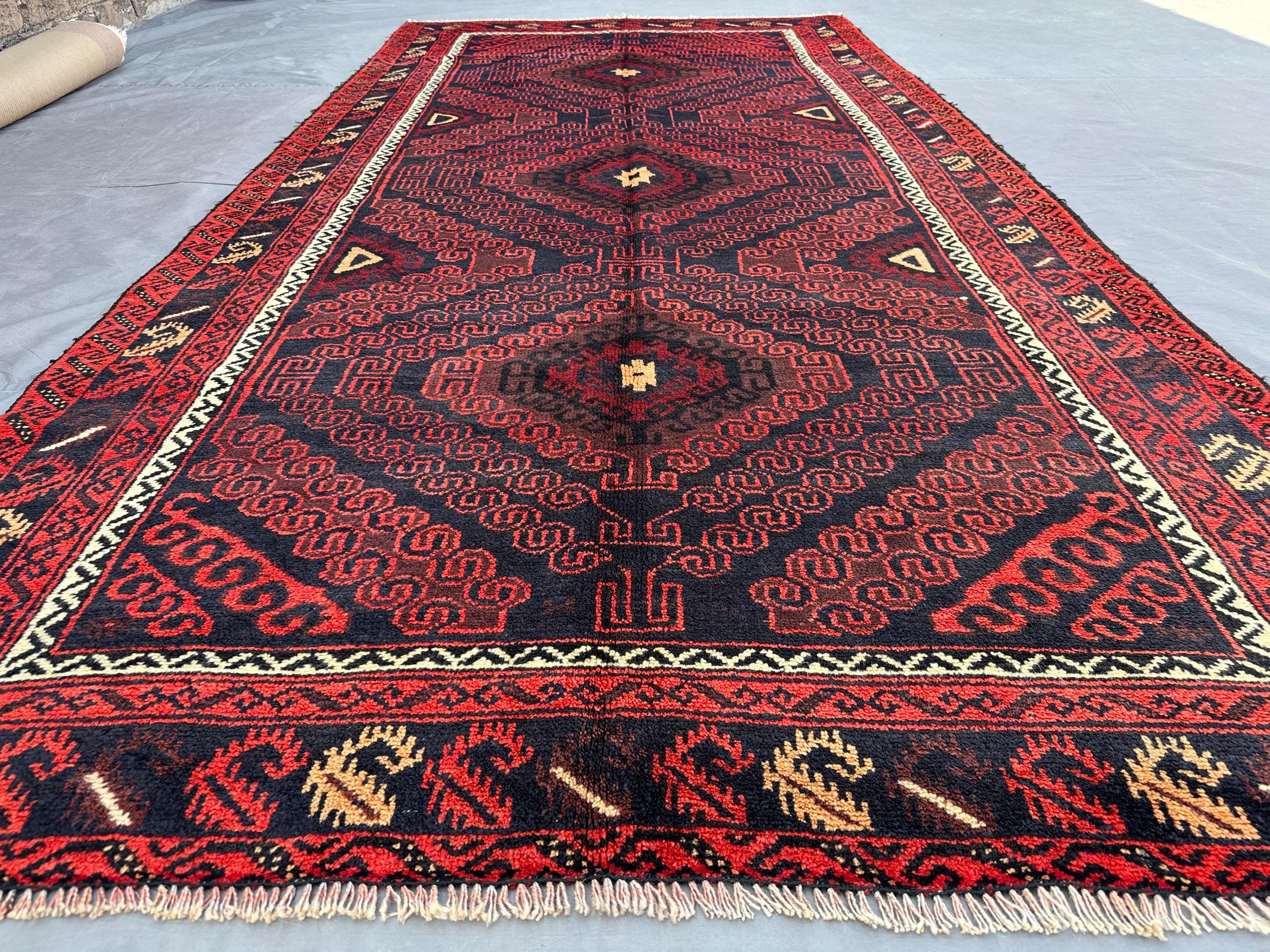 Antique Afghan Baluch Runner Rug | 4x9 ft Hand-Knotted Wool Carpet | Geometric Tribal Hallway Rug | Vintage Wide Runner, Dark Red & Navy Rug