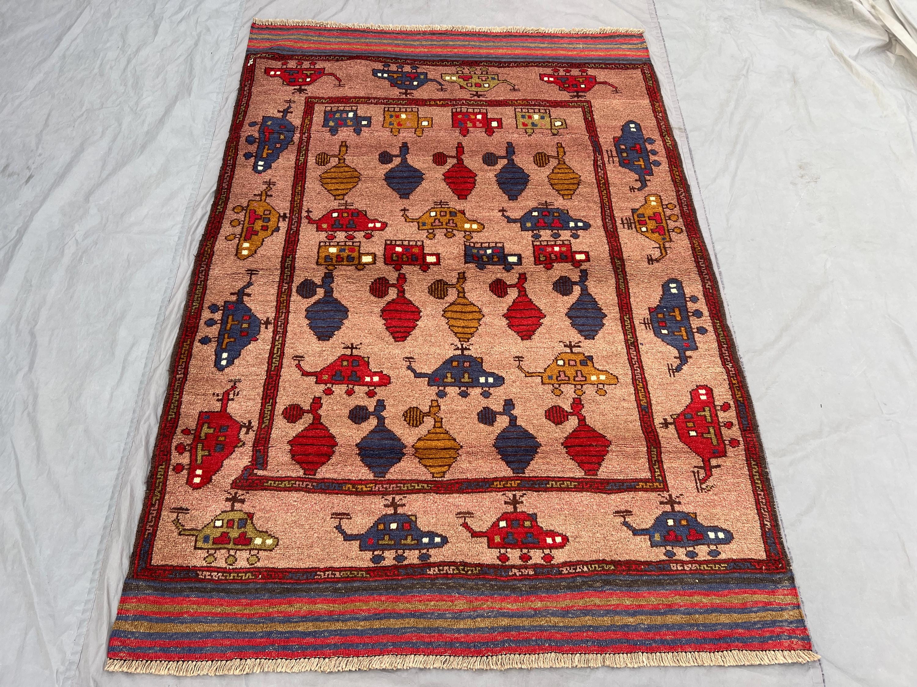 Beige 4'6 x 6'5 Ft Afghan Hand Knotted Vintage War Rug Tribal Pictorial Helicopter Tank Design Area Rug living