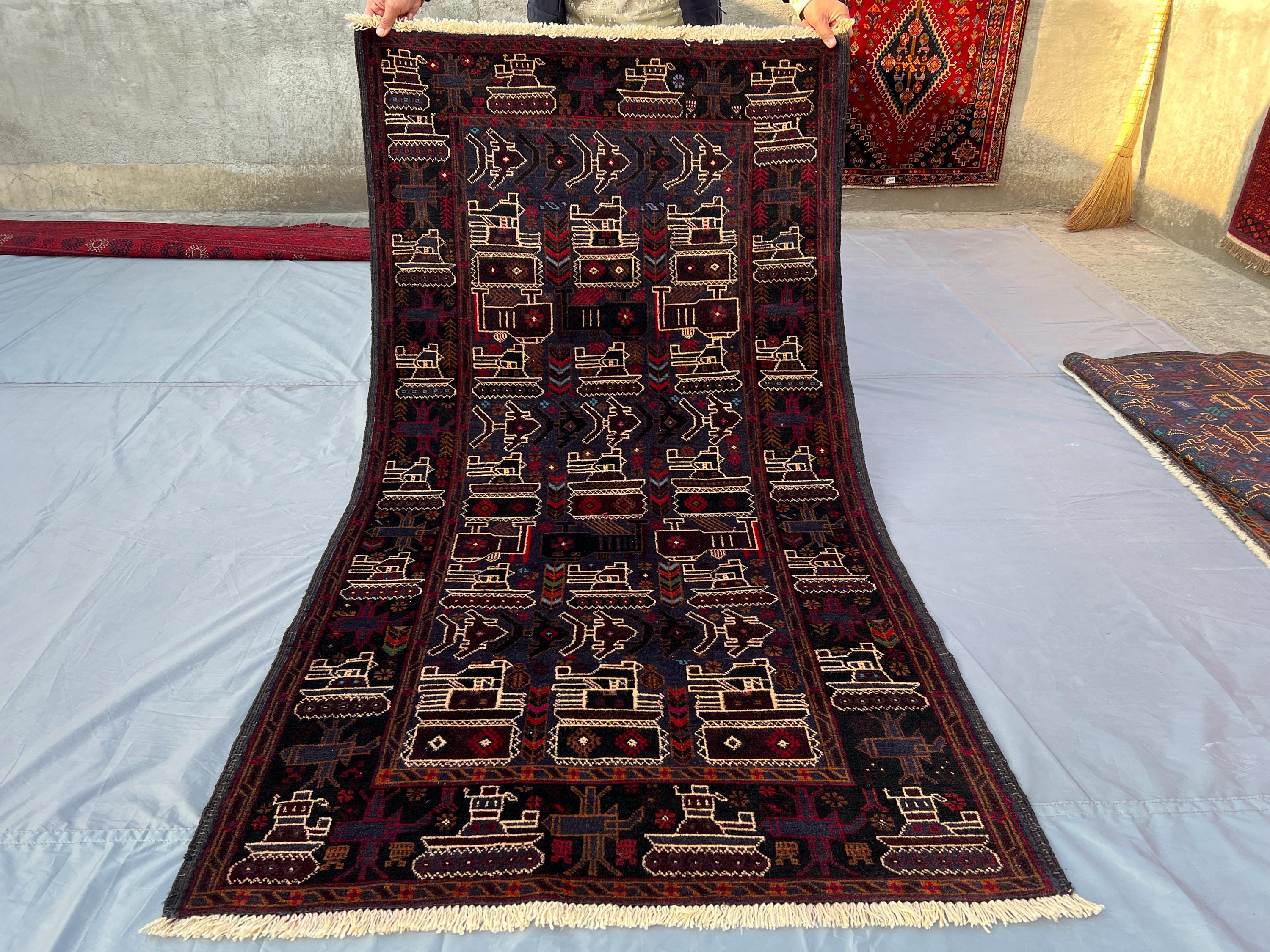 Afghan Baluch War Rug – 4x7 ft Tribal Pictorial Wool Carpet – Handmade Turkmen Rug, Art Motif Rug for Outdoor,
