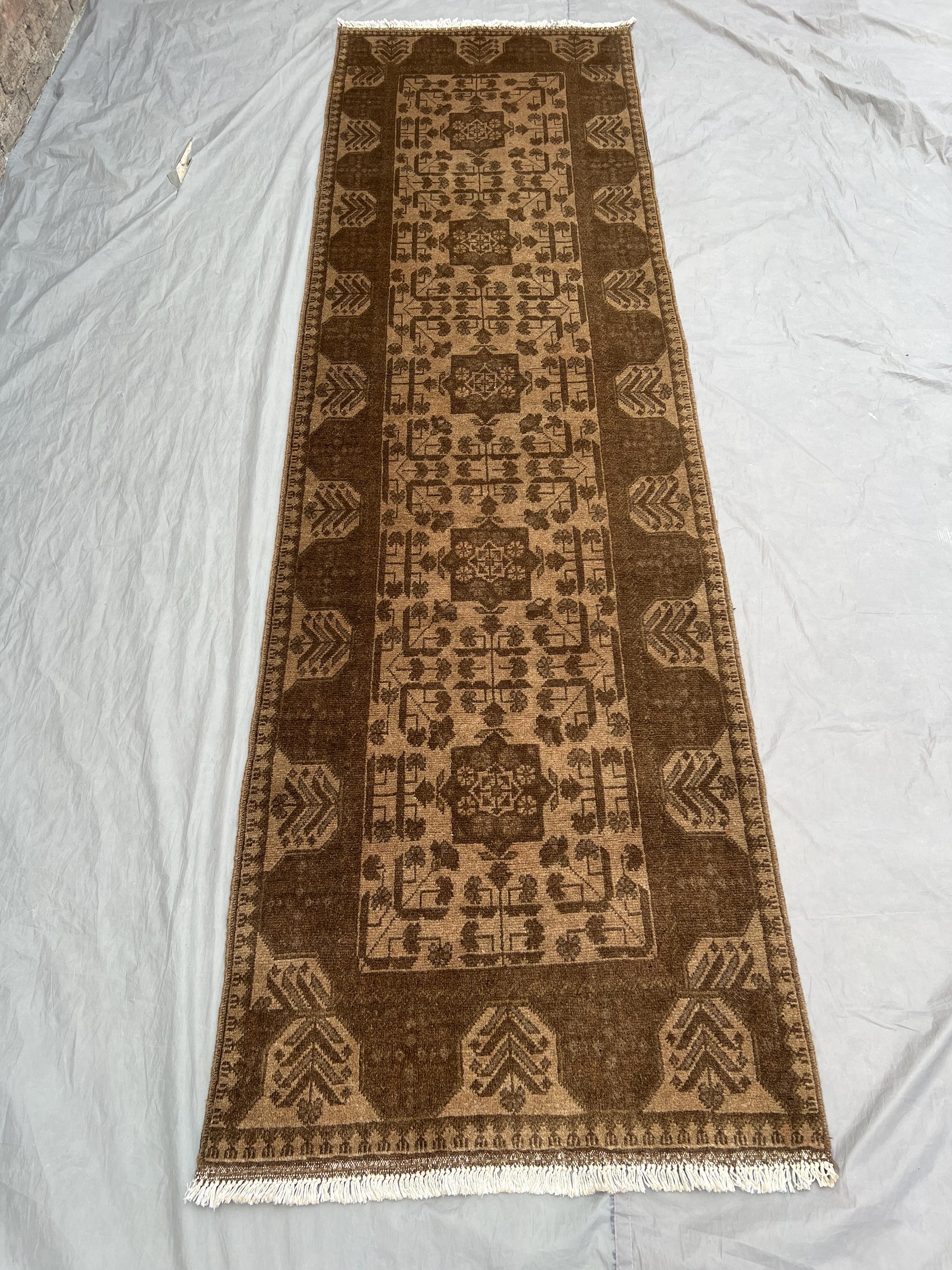 3x10 Vintage Afghan Turkoman Bokhara Runner Rug, Terracotta Faded Wool, Hand-Knotted, Long Hallway Rug, Tribal Design, Soft Pile Runner Rug