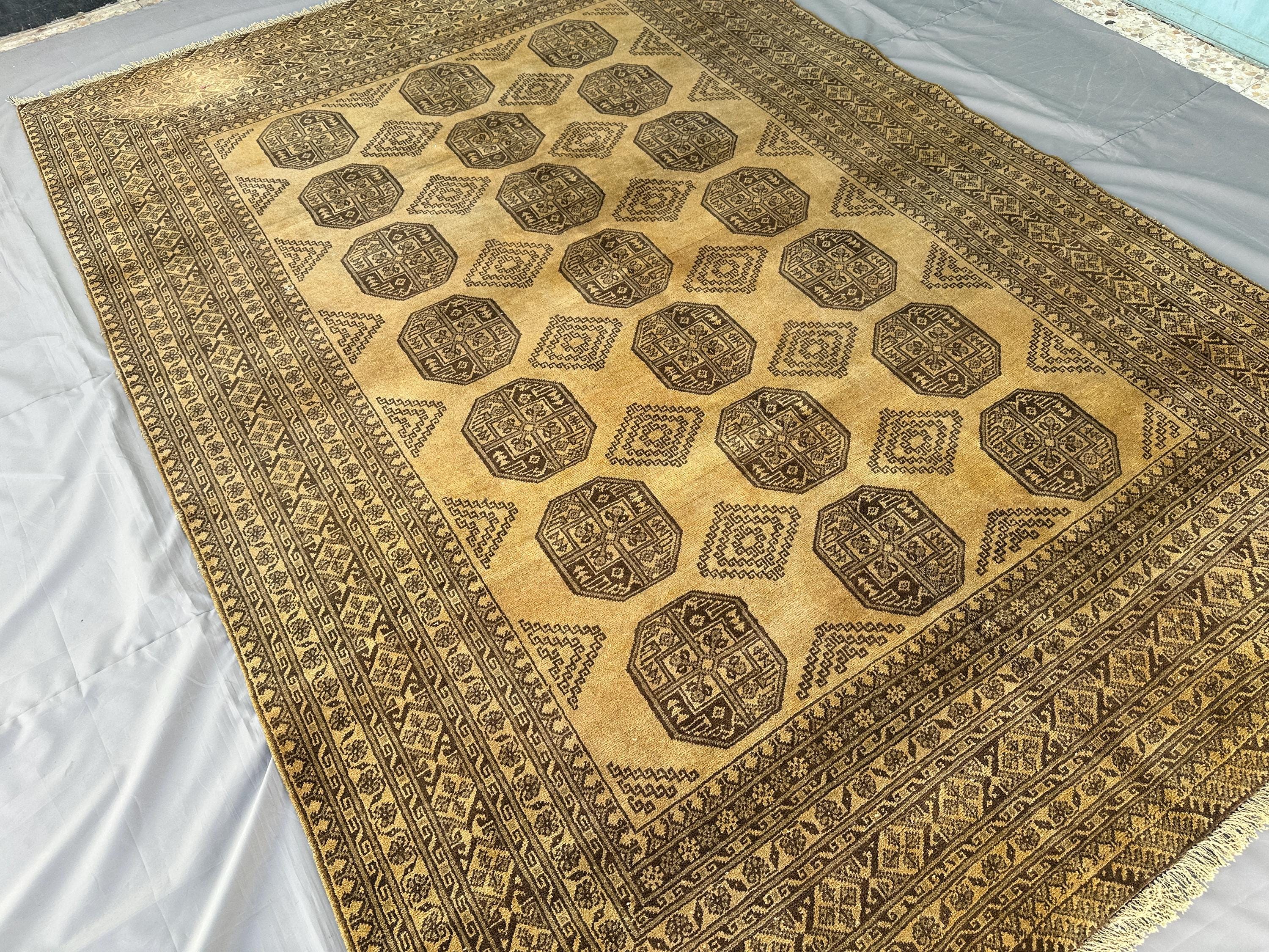1970s Afghan Ersari Rug 9x6, Antique Hand-Knotted Wool Carpet, Gold Tribal Octagon Medallion Design, Vintage L