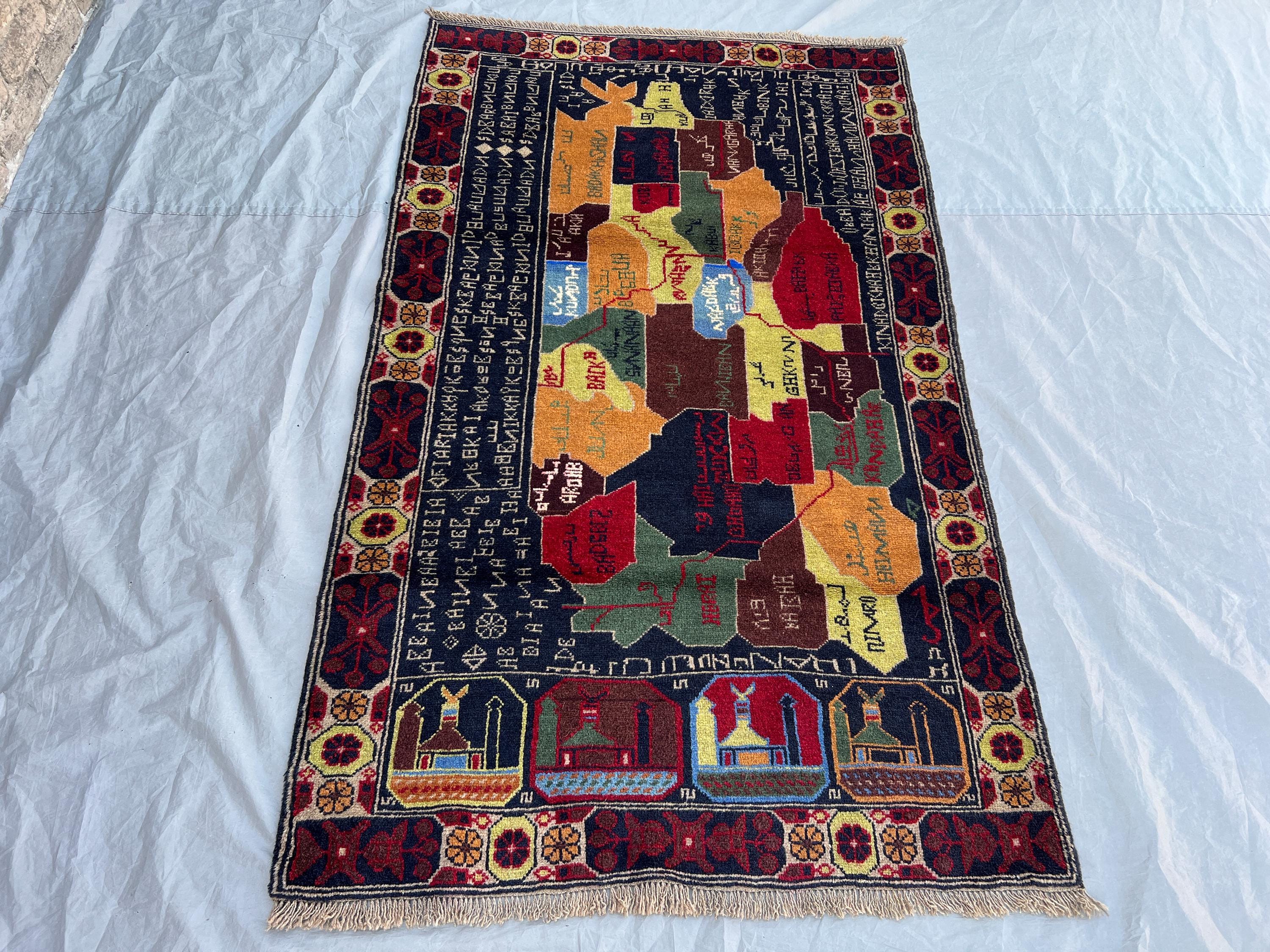 3'6x6 Ft Vintage Afghan Map Rug Navy Multicolor Hand Knotted Wool Pile Pictorial Area Rug | Living Room Collector Wall Hanging Unique Decor