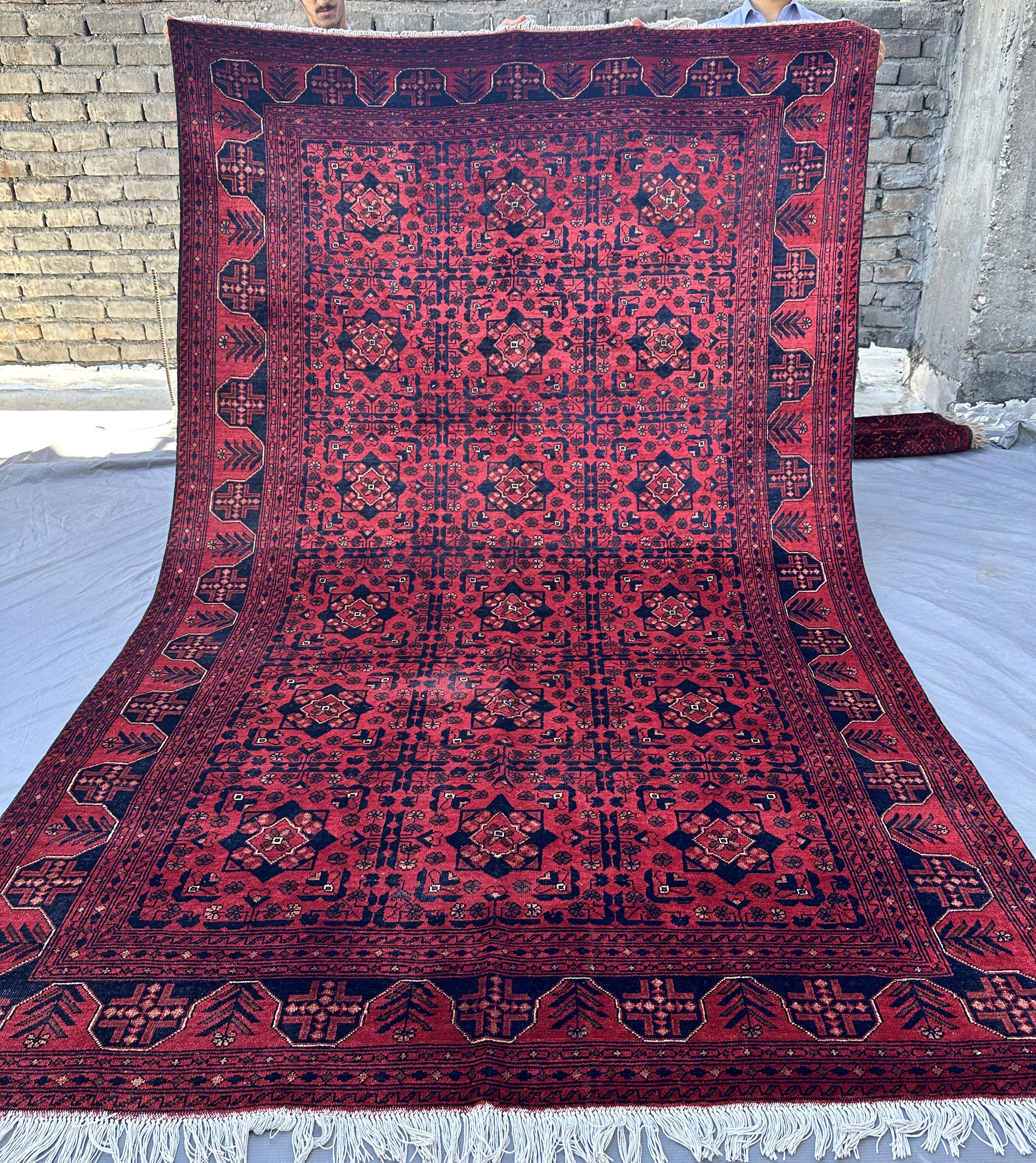 7x10 Red Afghan Khal Mohammadi Rug, Hand Knotted Wool Geometric Lattice Carpet, Tribal Area Rug