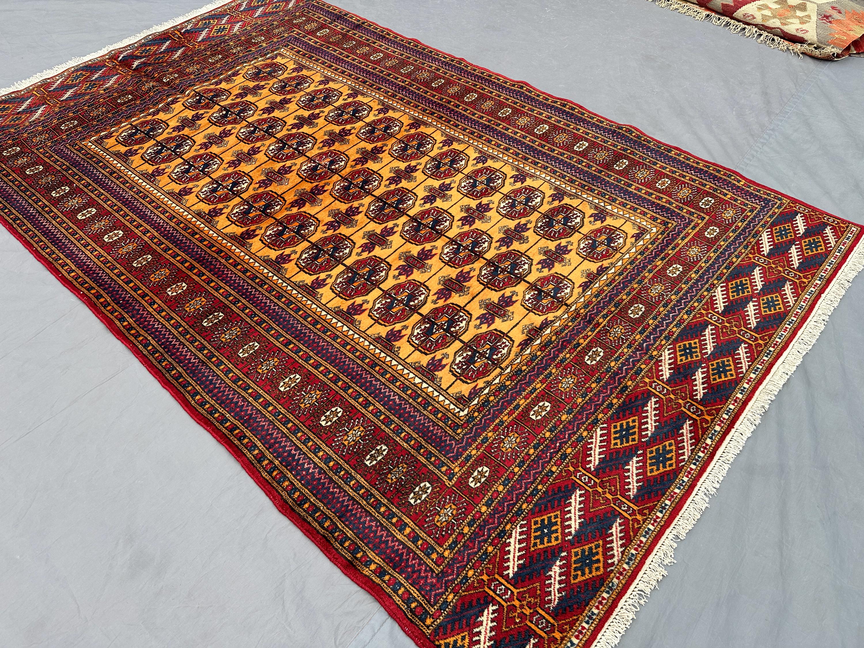 4x7 Pakistani Tribal Rug | Hand-Knotted Wool Bukhara Carpet | Vintage Turkmen Style Area Rug | Red Beige Orien
