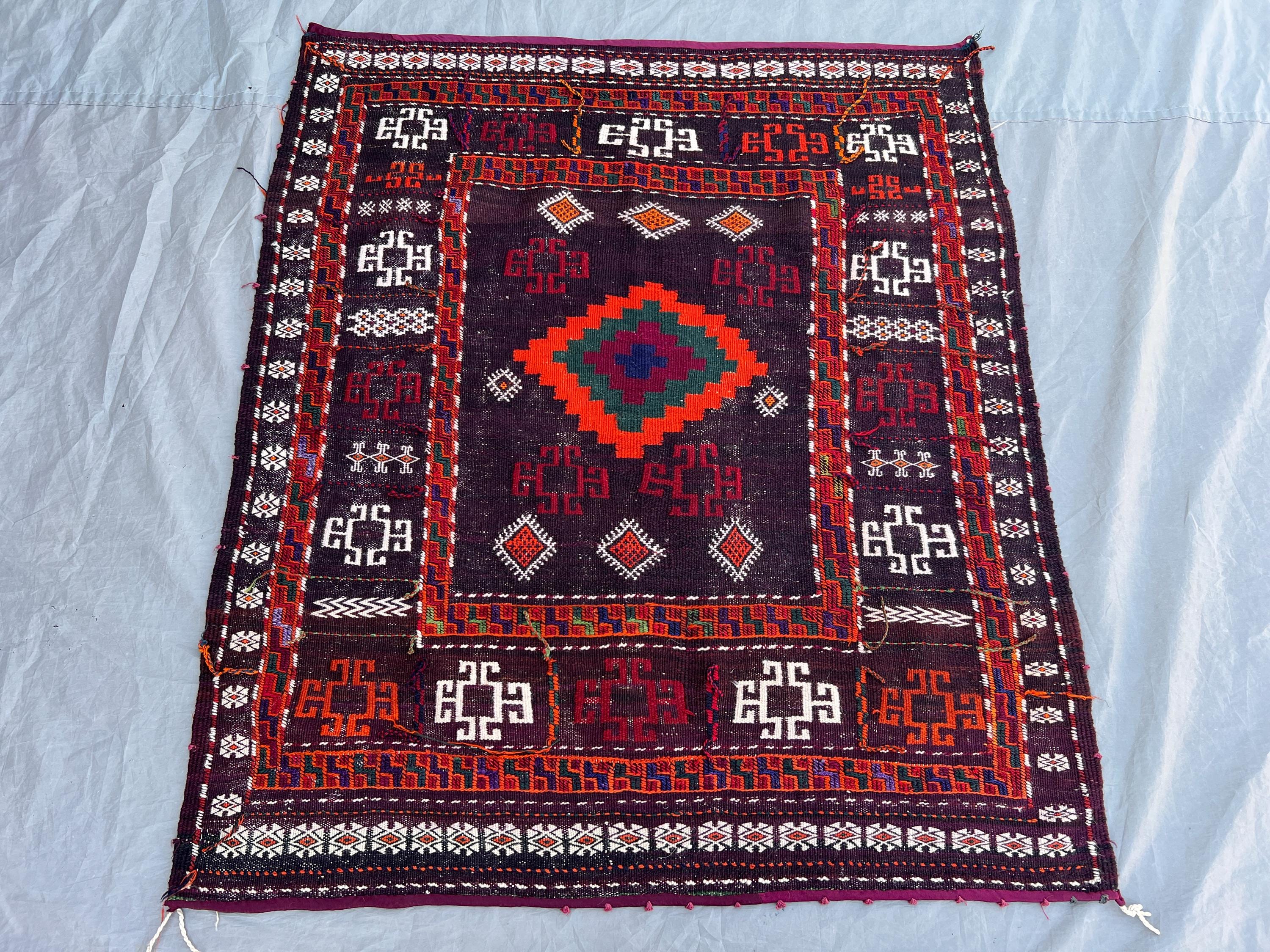 3.4x3.9 ft Vintage Afghan Kilim Rug, Handwoven Wool, Geometric Tribal Design, Decorative Accent, Ideal for Living Room, Bedroom, or Entryway