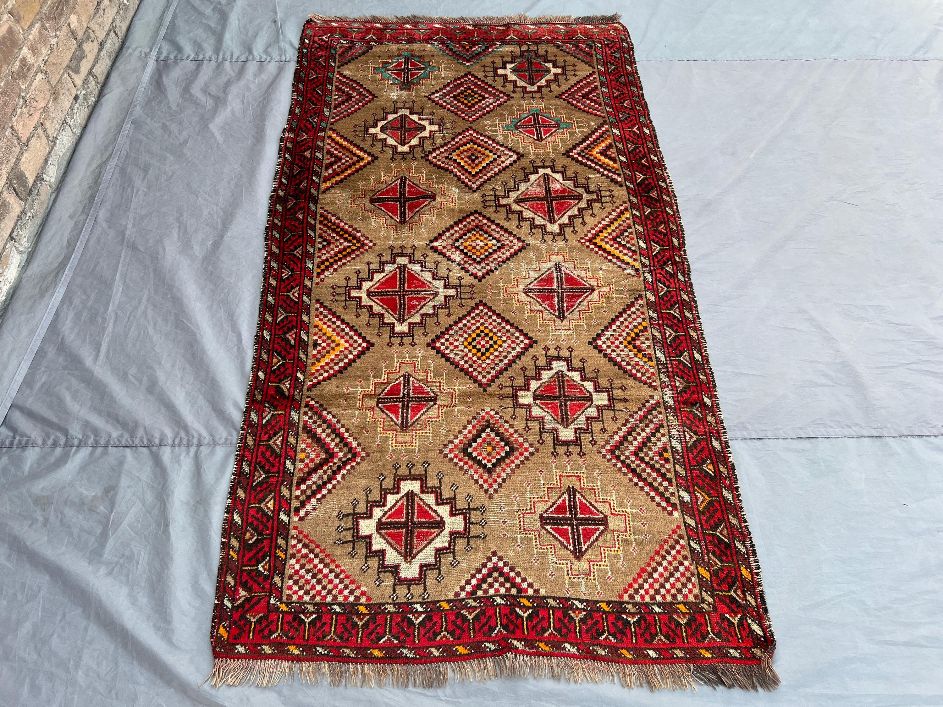 4x7 Antique Afghan Fine Rug | Hand-Knotted Wool Tribal Runner | Rustic Village Hallway Rug | Nomadic Boho Geom