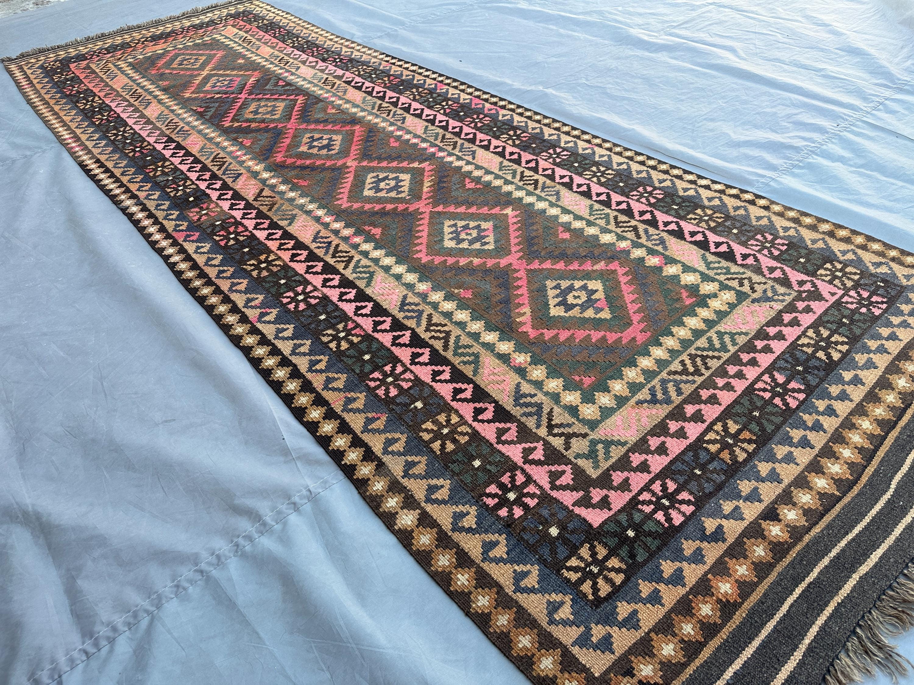 3'4x9'5 ft Afghan Handwoven Runner Rug, Tribal Turkmen Flat Weave Rug, Geometric Wool Hallway Rug | Vintage En