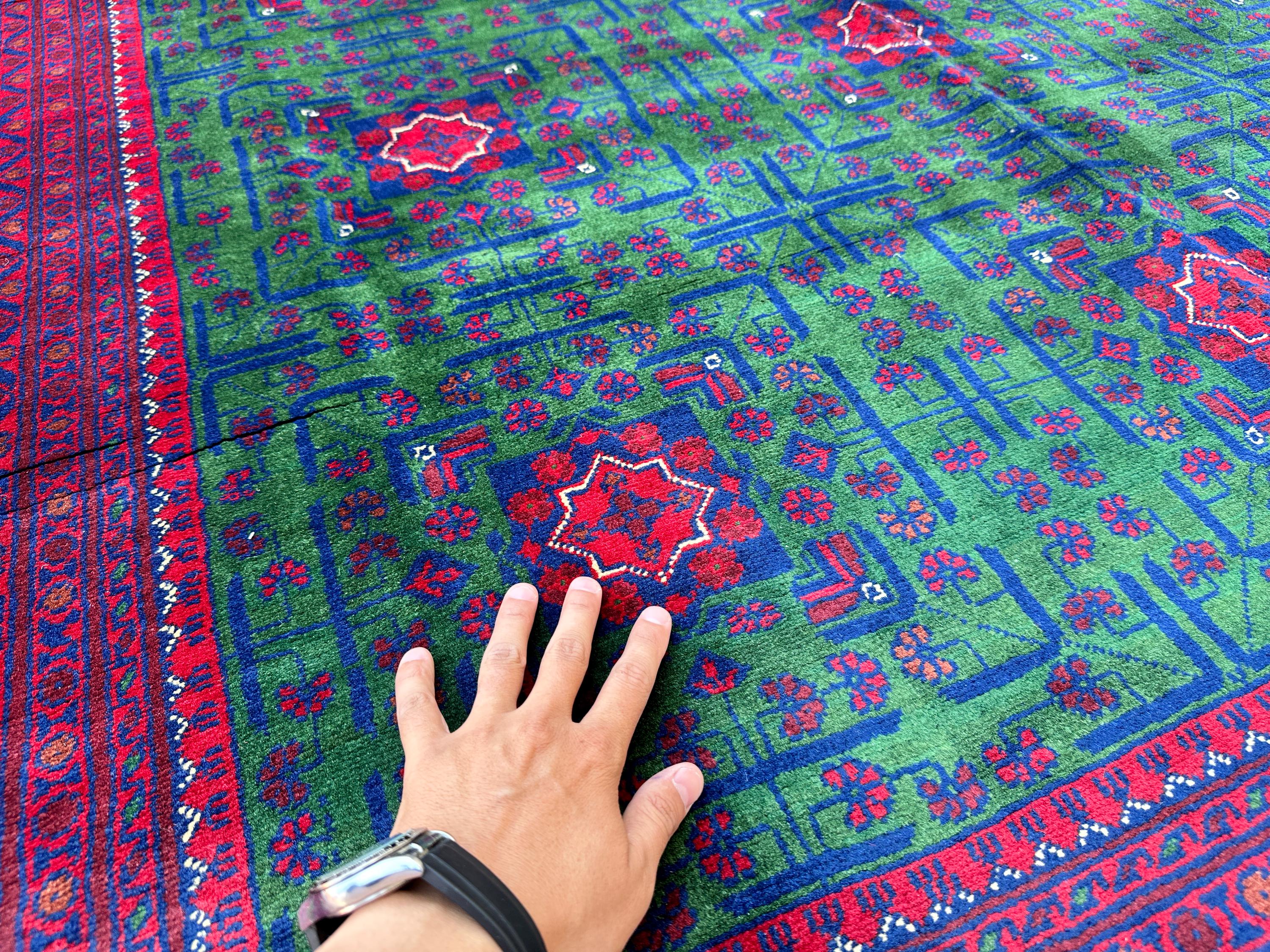 Hand Knotted Wool Rug, Green Red Tribal Star Medallion Carpet, Living Room Home Decor