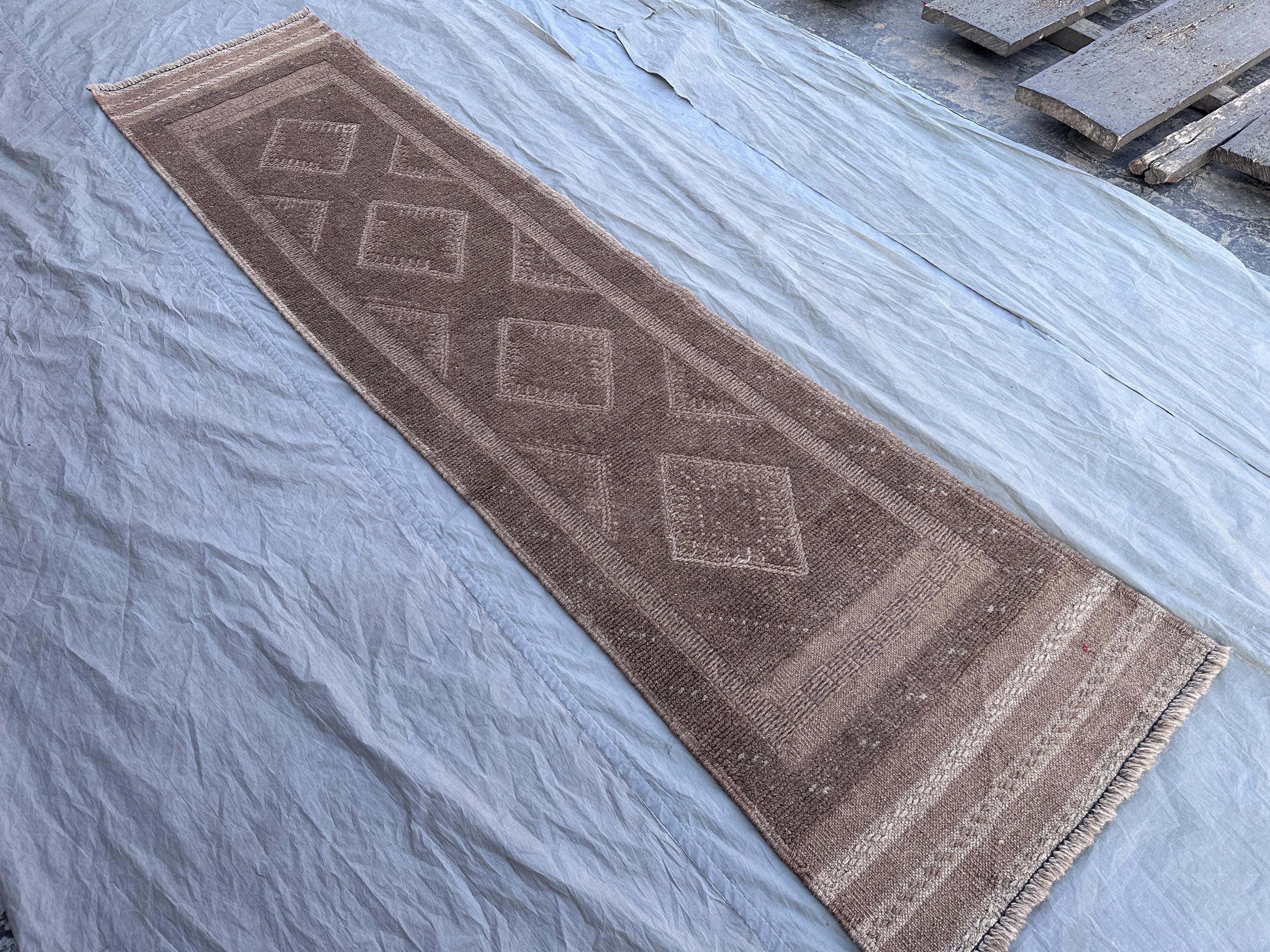 Terracotta "1'11x7'11 ft Hand-Knotted Afghan Mishwani Runner Rug Tribal Geometric Pattern Wool Hallway Carpet Boho Vintage Home Decor