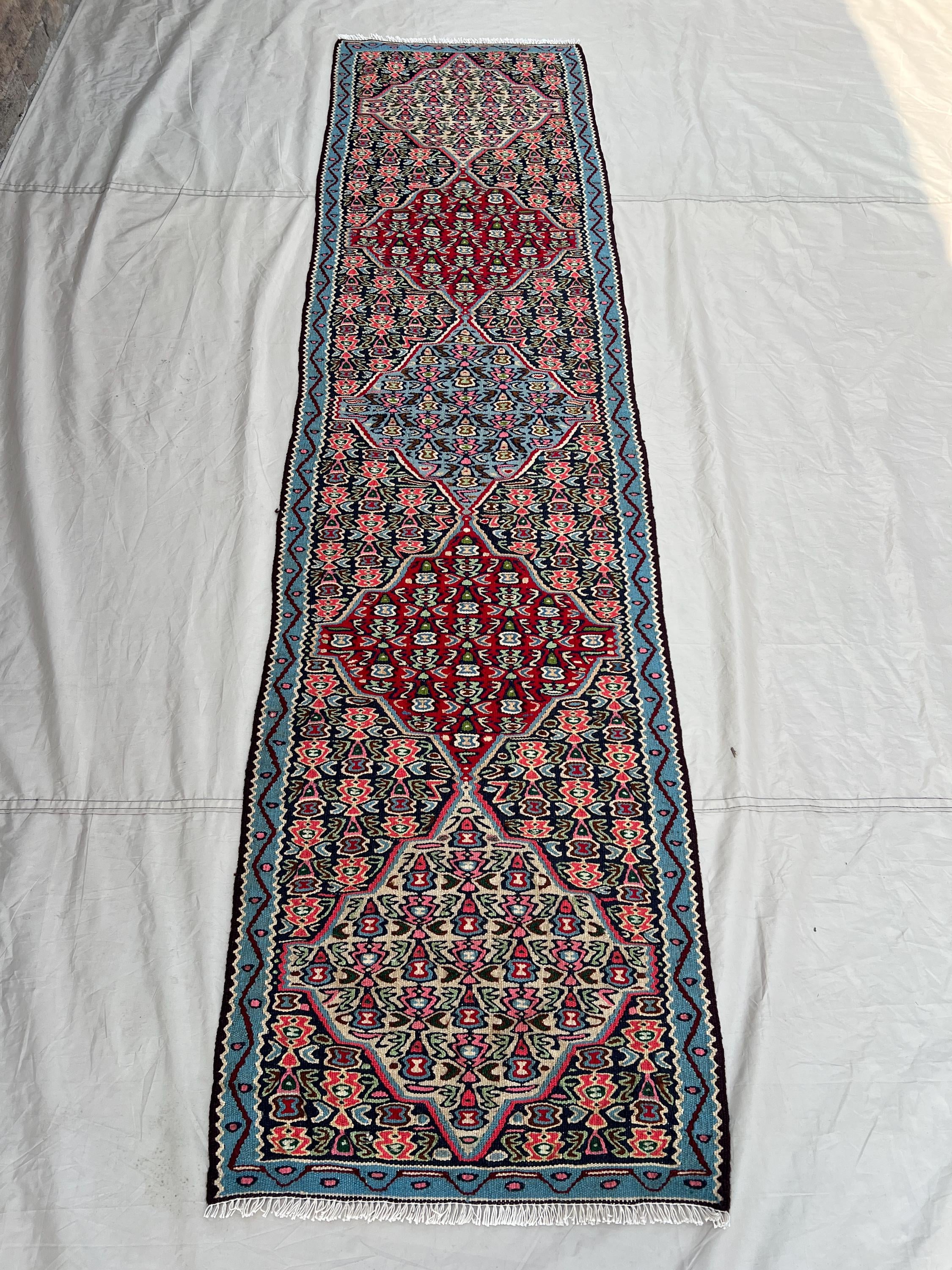 2'3x8'6 Ft Vintage Afghan Senneh Kilim Runner Flatweave | Blue Red Floral Medallion | Handwoven Wool Rug for H