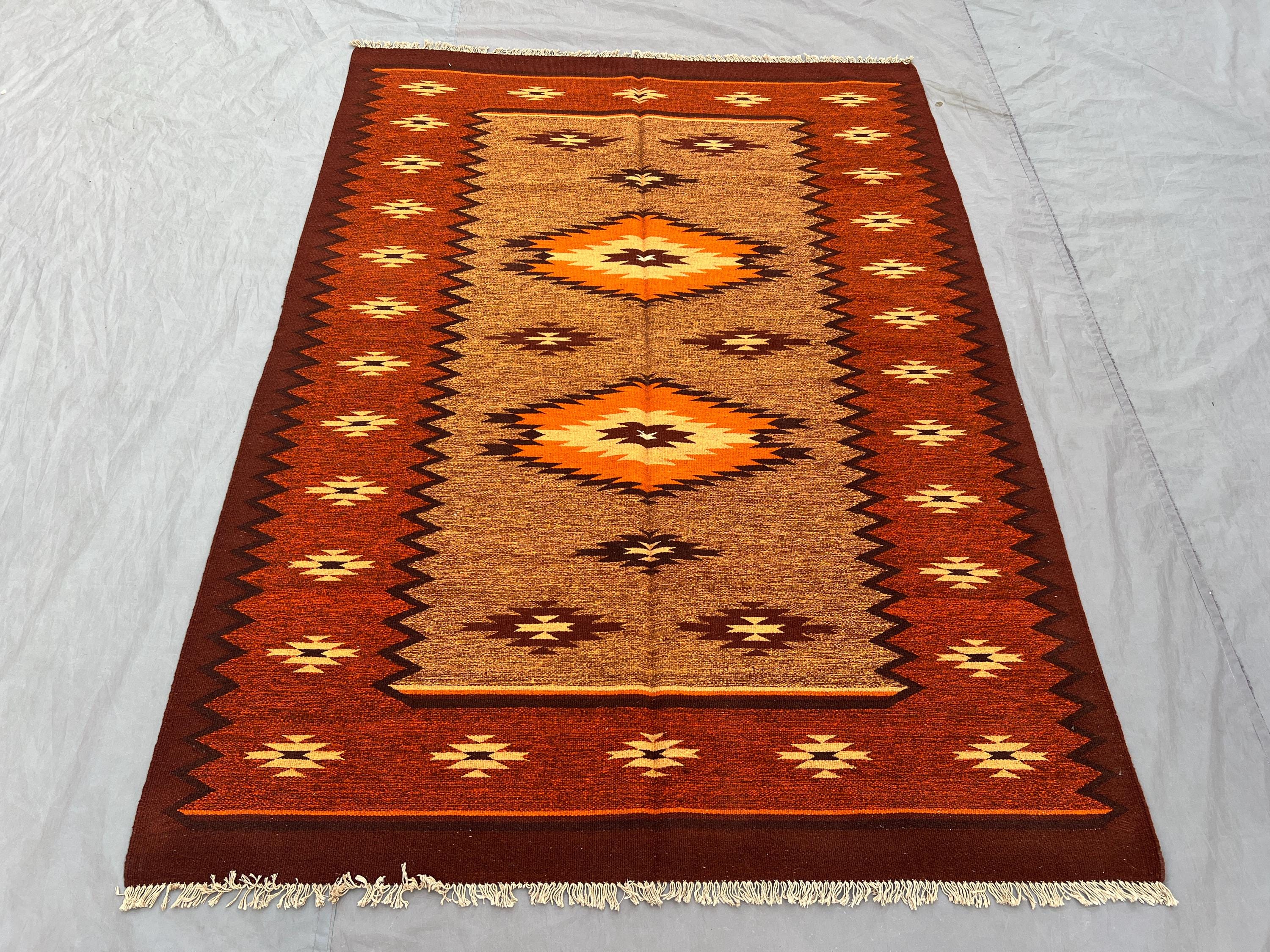 3.2 x 6.8 ft Afghan hand woven vintage kilim one-of-a-kind small flat weave area rug tribal geometric sumak design orange brown tones