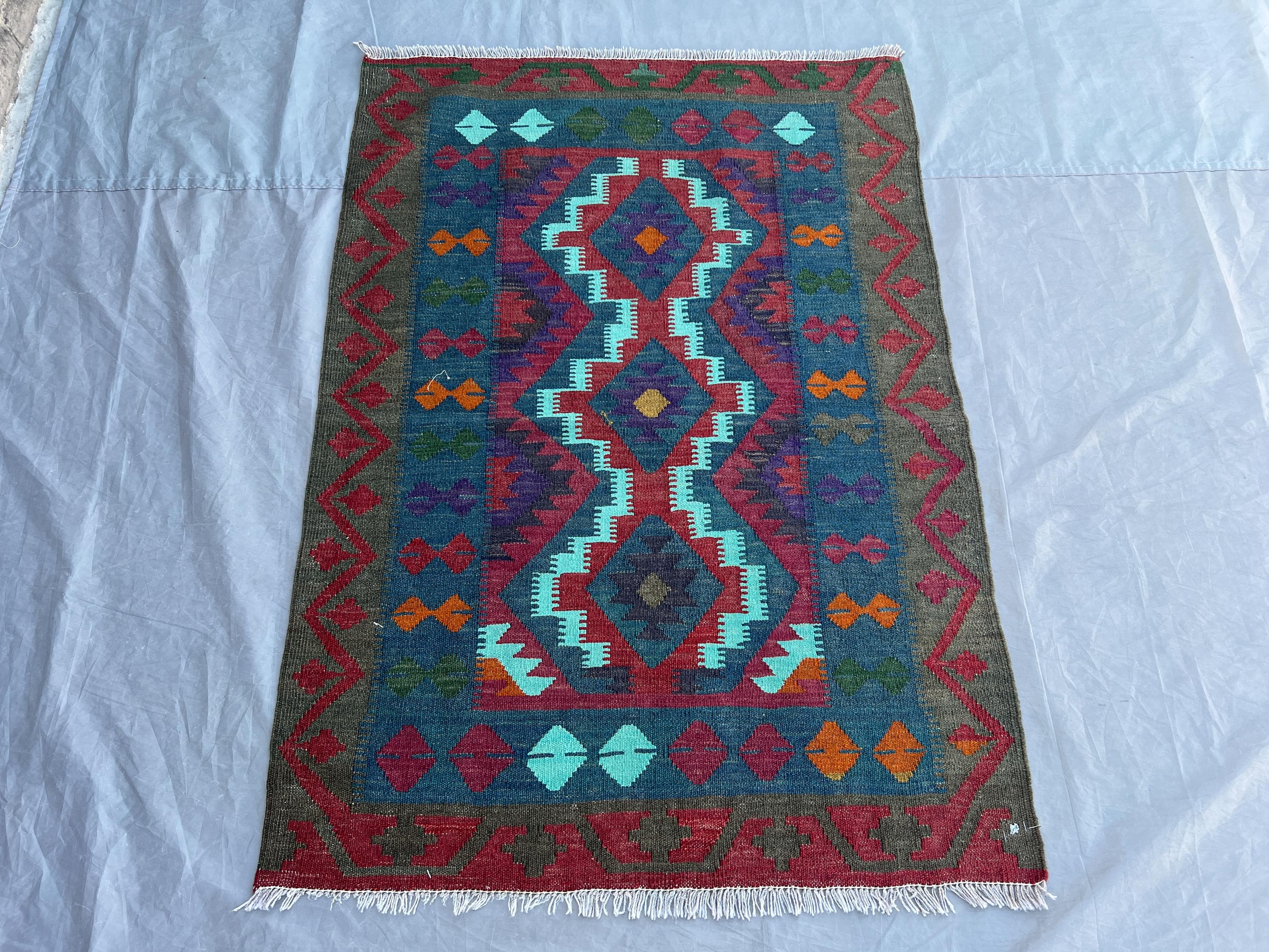3'5x4'9 ft Modern Afghan Kilim Rug | Handmade Wool Tribal Carpet | Green Red Teal Blue Orange Geometric Turkish Style Bohemian Decor Rug