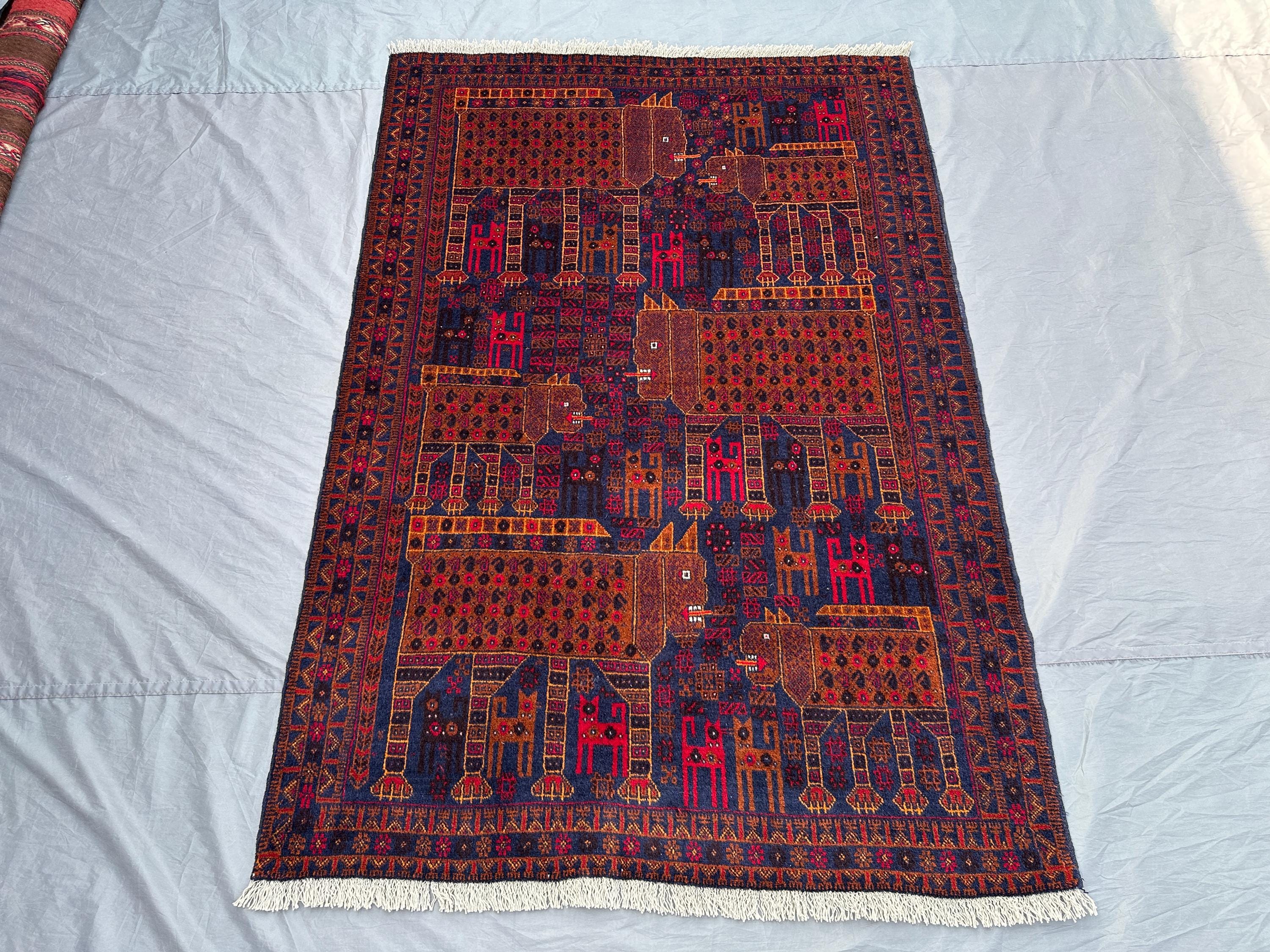 4x6 Afghan Tribal Pictorial Rug | Hand Knotted Wool Carpet | Animal Lion Design, Geometric Tribal Style | Vintage Wool Area Rug, Kitchen Rug
