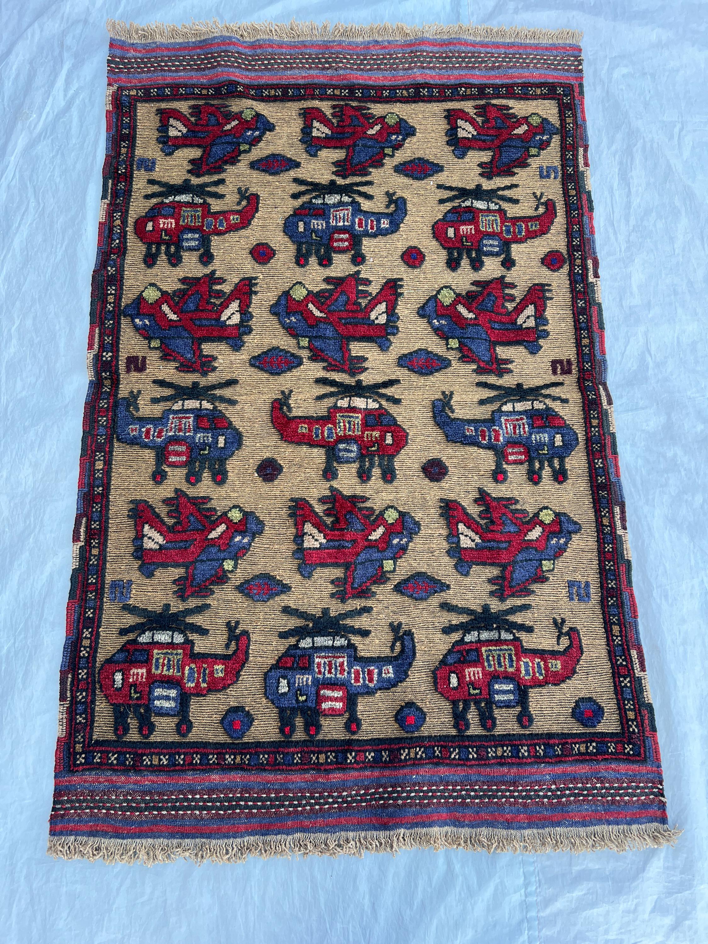 Beige 3x4'10 ft Vintage Afghan Kilim Flatweave Pictorial War Rug, Helicopter & Plane Design, Unique Accent Rug