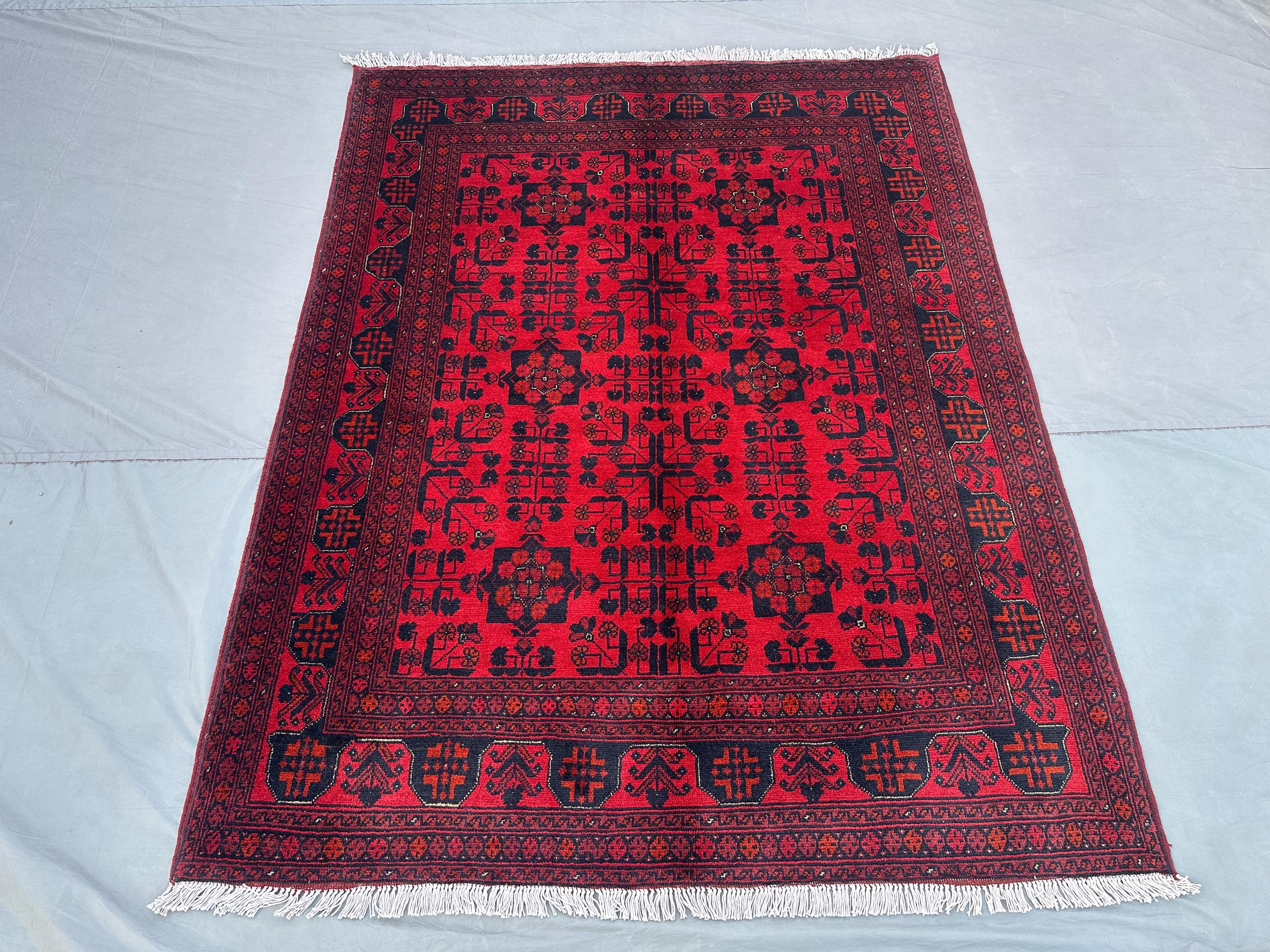 Afghan Turkoman Tribal Rug 5x7 Handmade Bukhara Red Carpet | Geometric Wool Rug | Traditional Area Rug, Bedroo