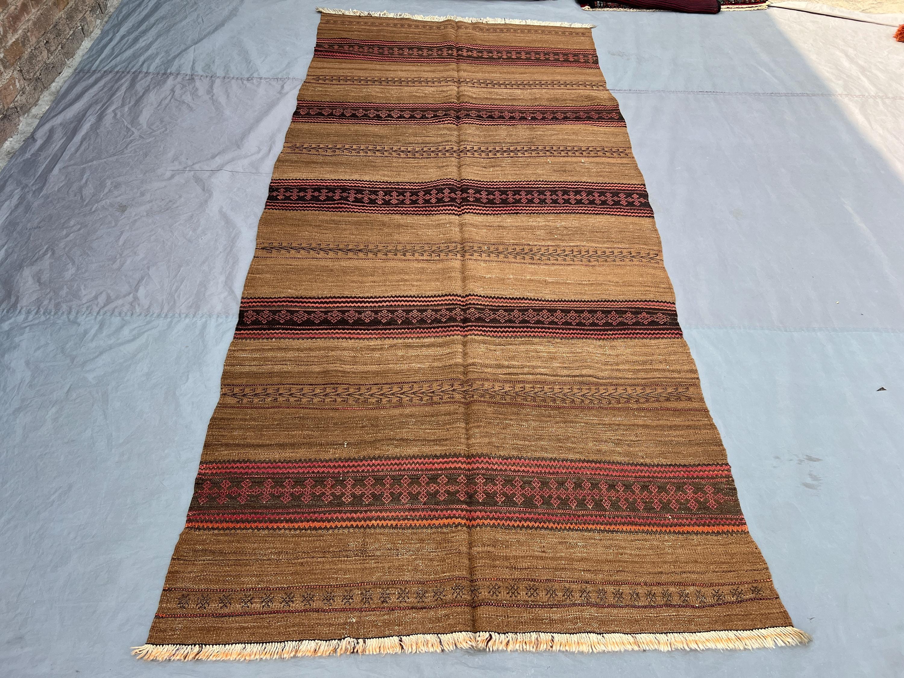 4'5x9'10 Vintage Afghan Flat Woven Natural Wool Kilim Camel Hair Ground Pink Brown Orange Stripe Geometric Tribal Boho Living Room Carpet
