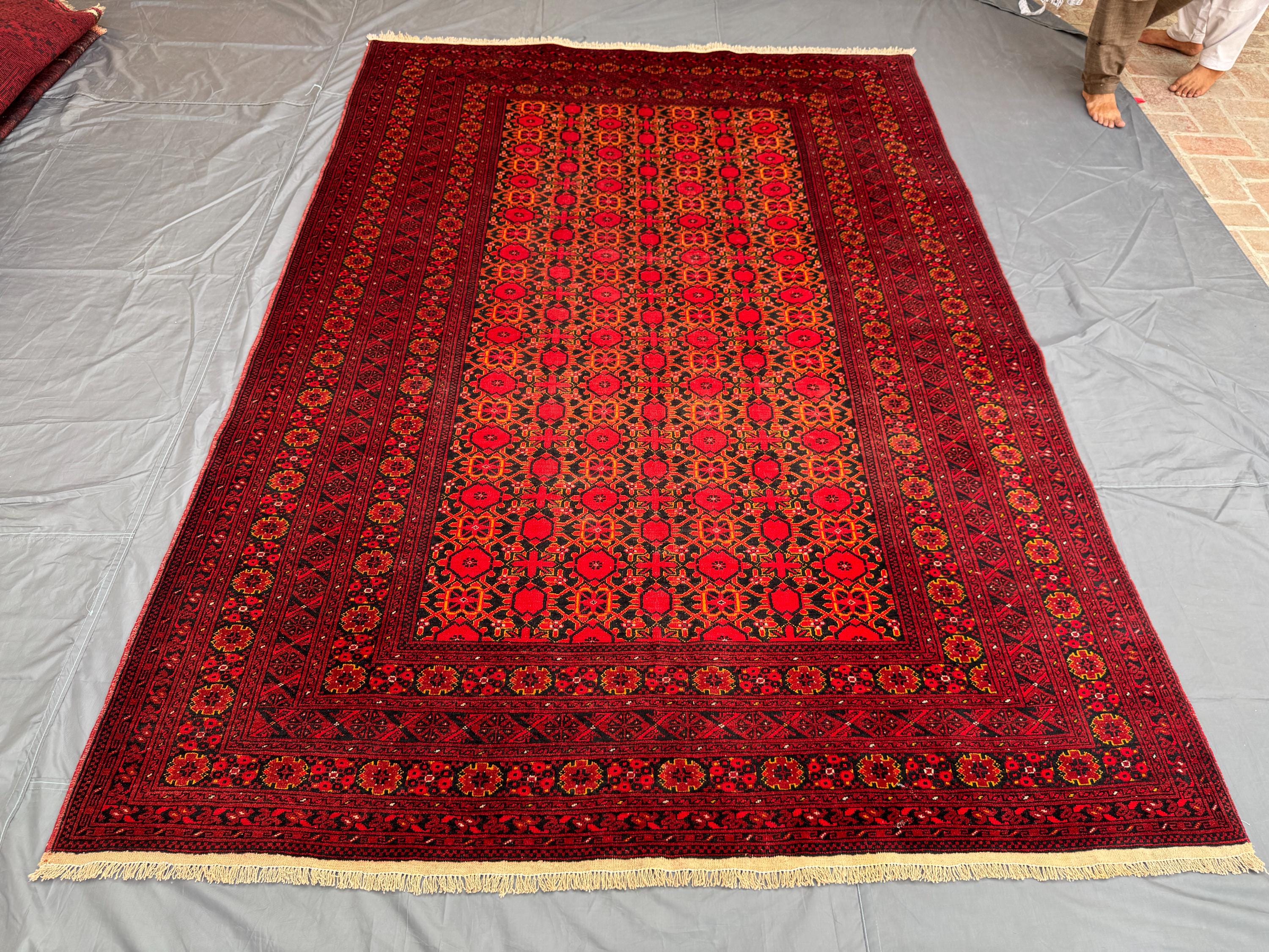 Red 6'8x9'8ft Traditional Turkoman Vintage Oriental Rug, Handwoven Wool, Geometric Design, Living Room Carpet, Decorative Area Rug