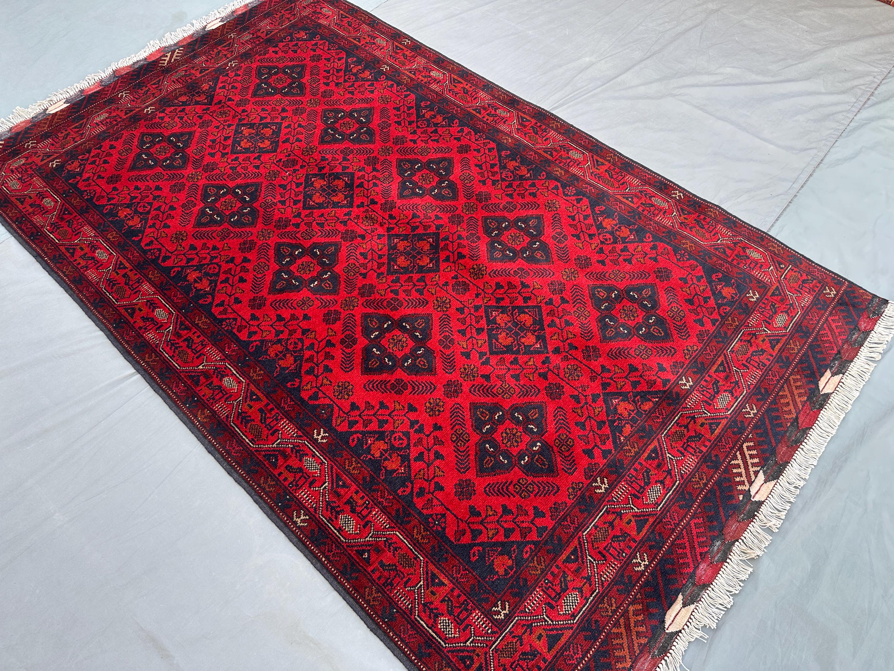 Afghan Turkoman Tribal Rug 4'2x7'0 ft Handmade Bukhara Carpet | Khal Mohammadi Geometric Wool Rug | Traditiona