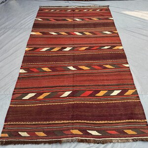 5&#39;2x9&#39;1 ft Afghan Kilim Rug | Tribal Handmade Wool Flat Weave Carpet | Red Orange Striped Vintage Style Rug | Boho Ethnic Area Floor Decor