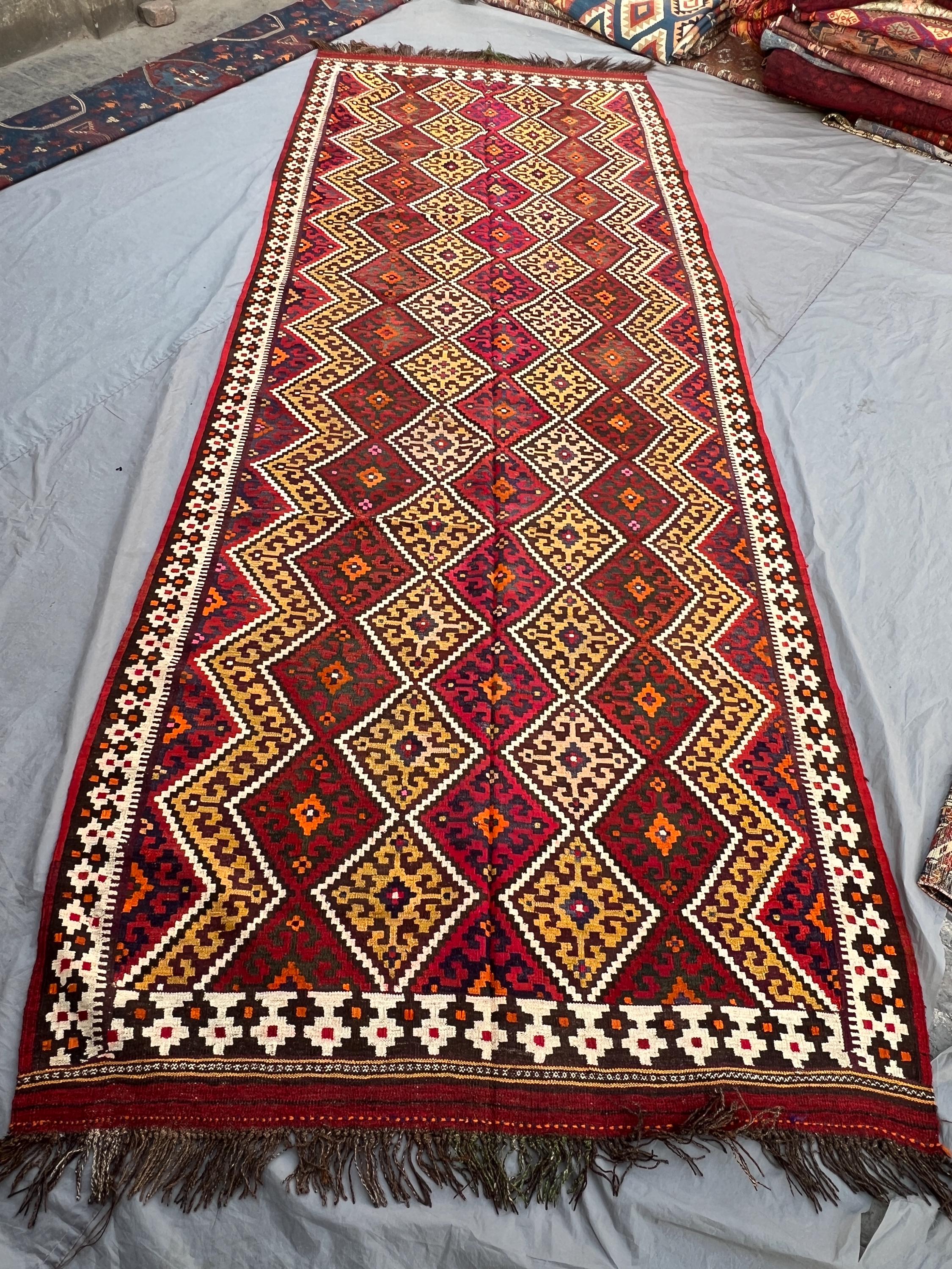 5'6x14'4 ft Antique Afghan Baluchi Handwoven Kilim Rug Flatweave Geometric Wool Runner Rug Luxury Home Decor E