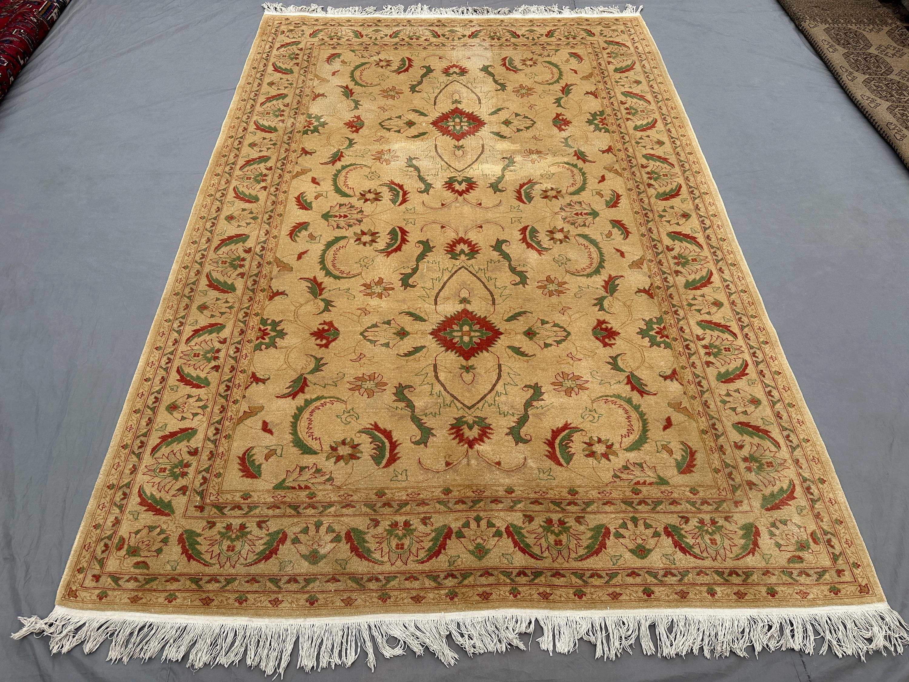 7x10 Turkmen Kazak Tribal Rug | Beige Red Green Oushak Style Carpet | Semi Antique Hand Knotted Wool Rug | Ori